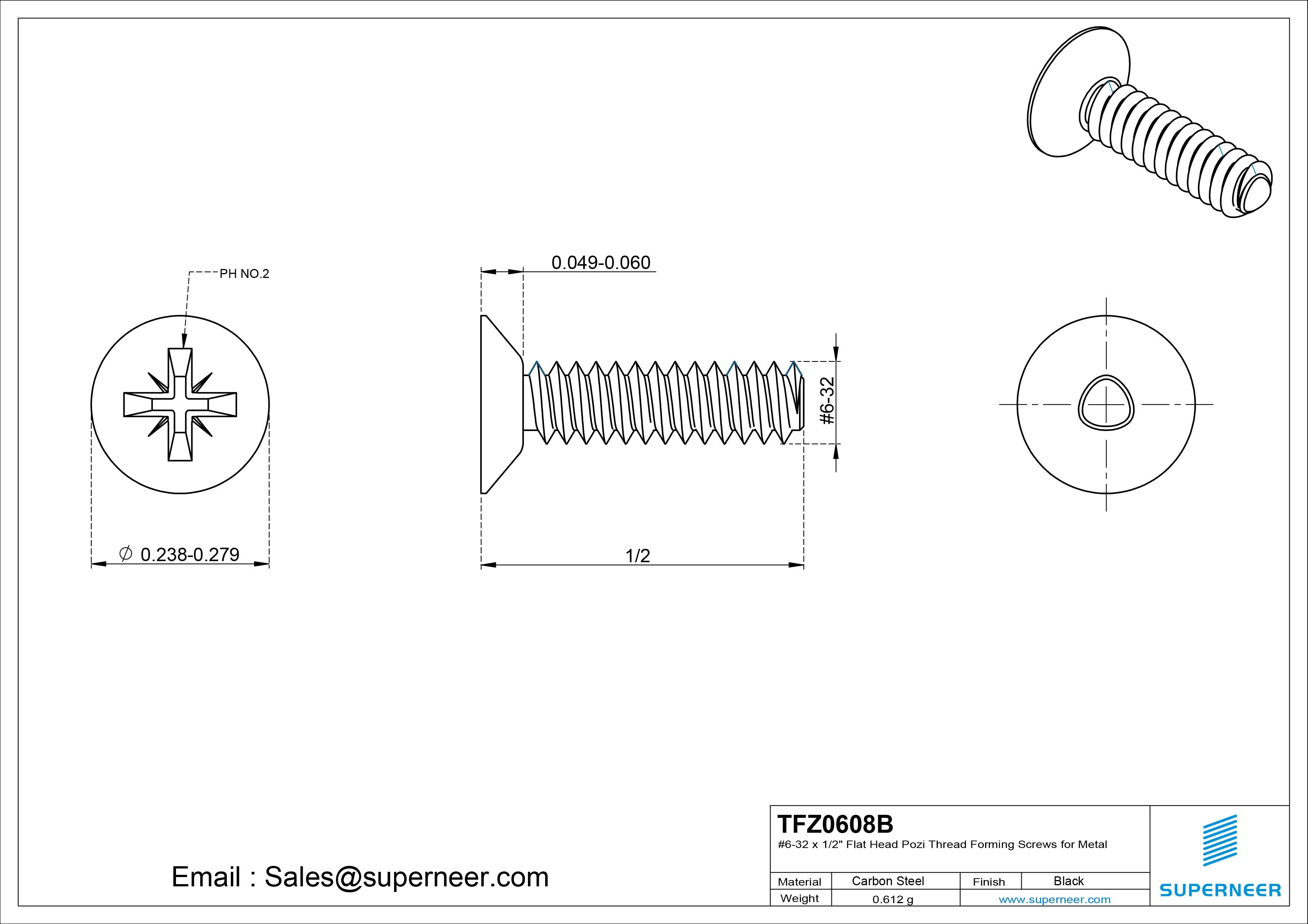 6-32 × 1/2 Flat Head Pozi Thread Forming Screws for Metal Steel Black