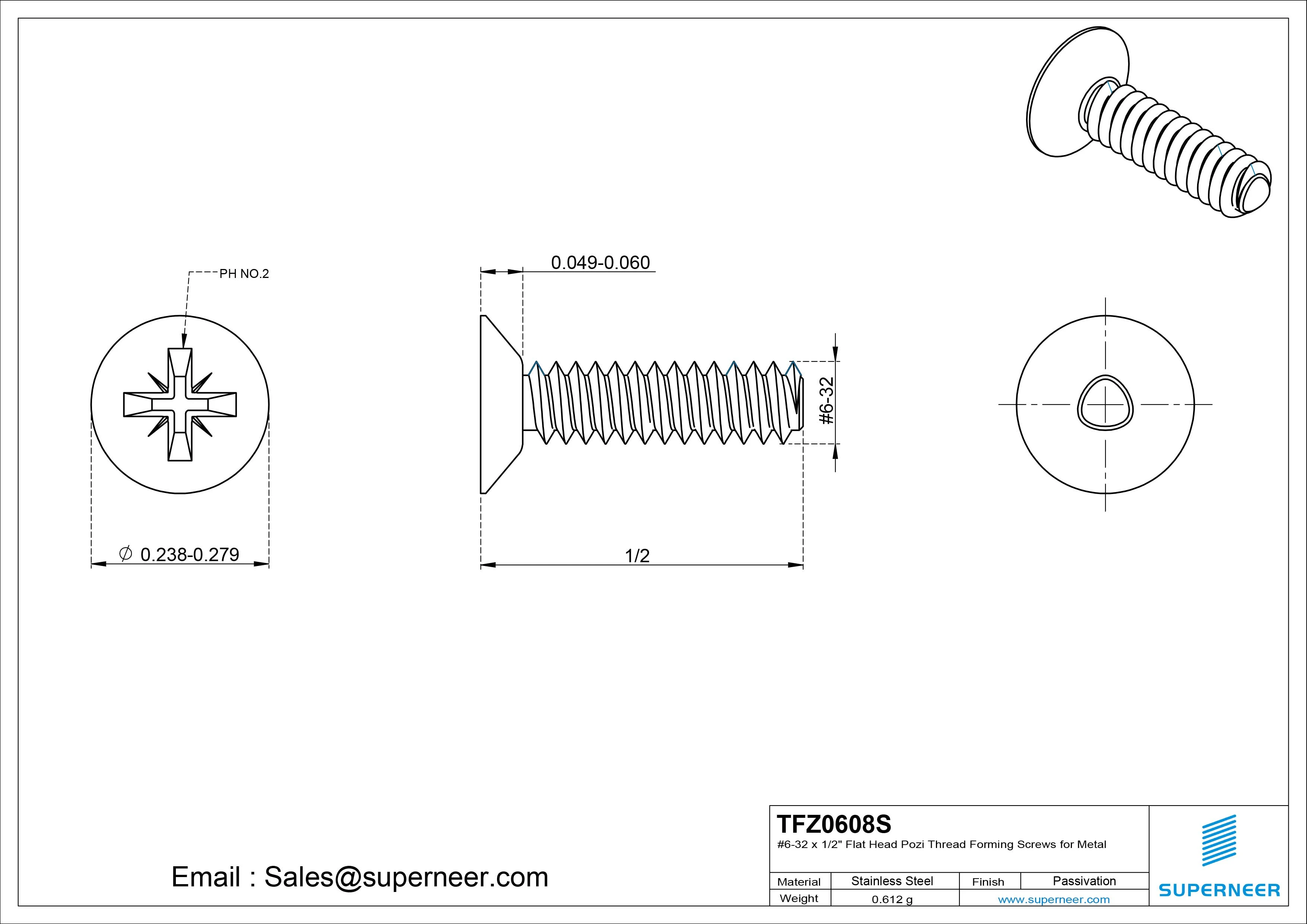 6-32 × 1/2 Flat Head Pozi Thread Forming Screws for Metal SUS304 Stainless Steel Inox