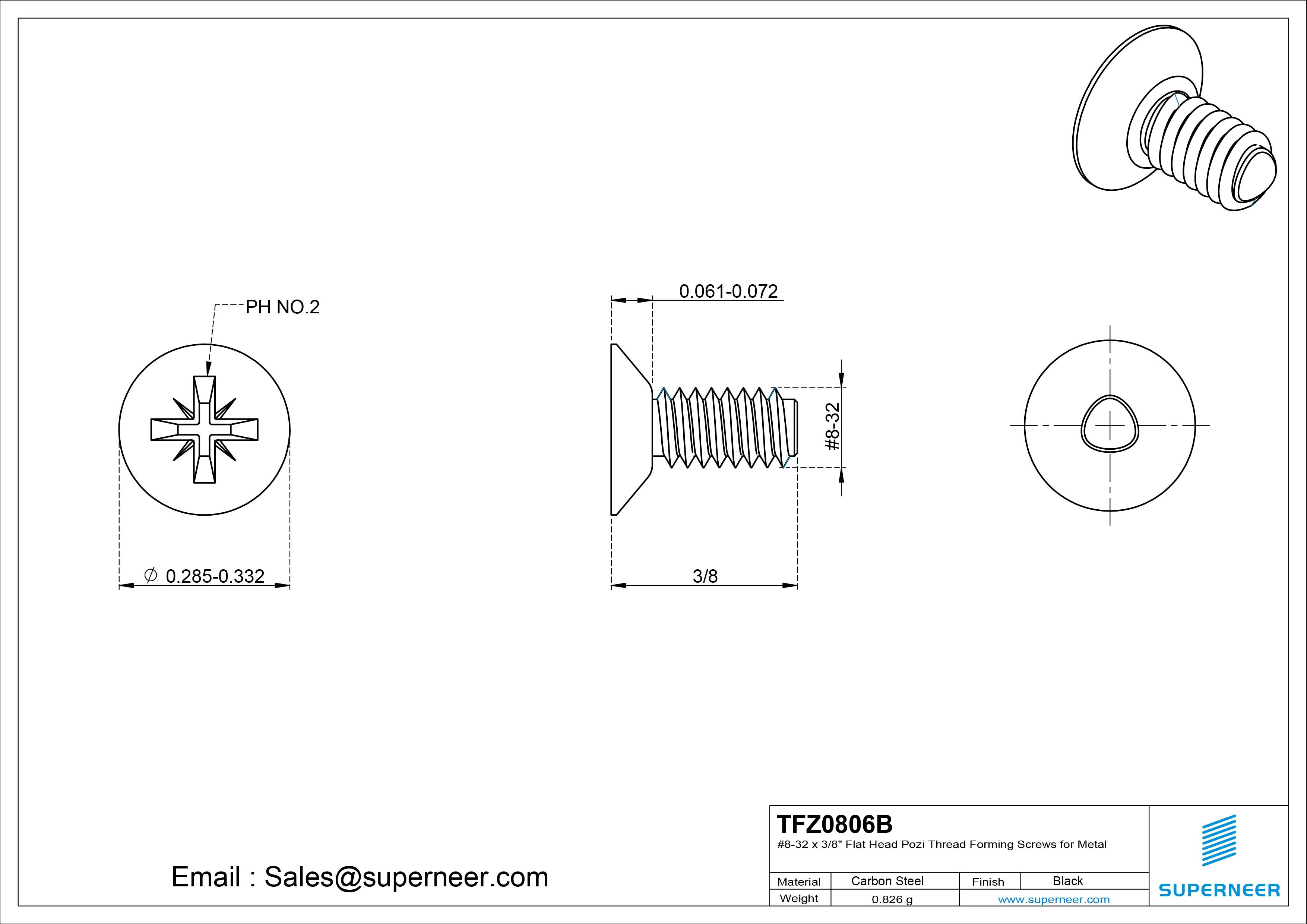 8-32 × 3/8 Flat Head Pozi Thread Forming Screws for Metal Steel Black