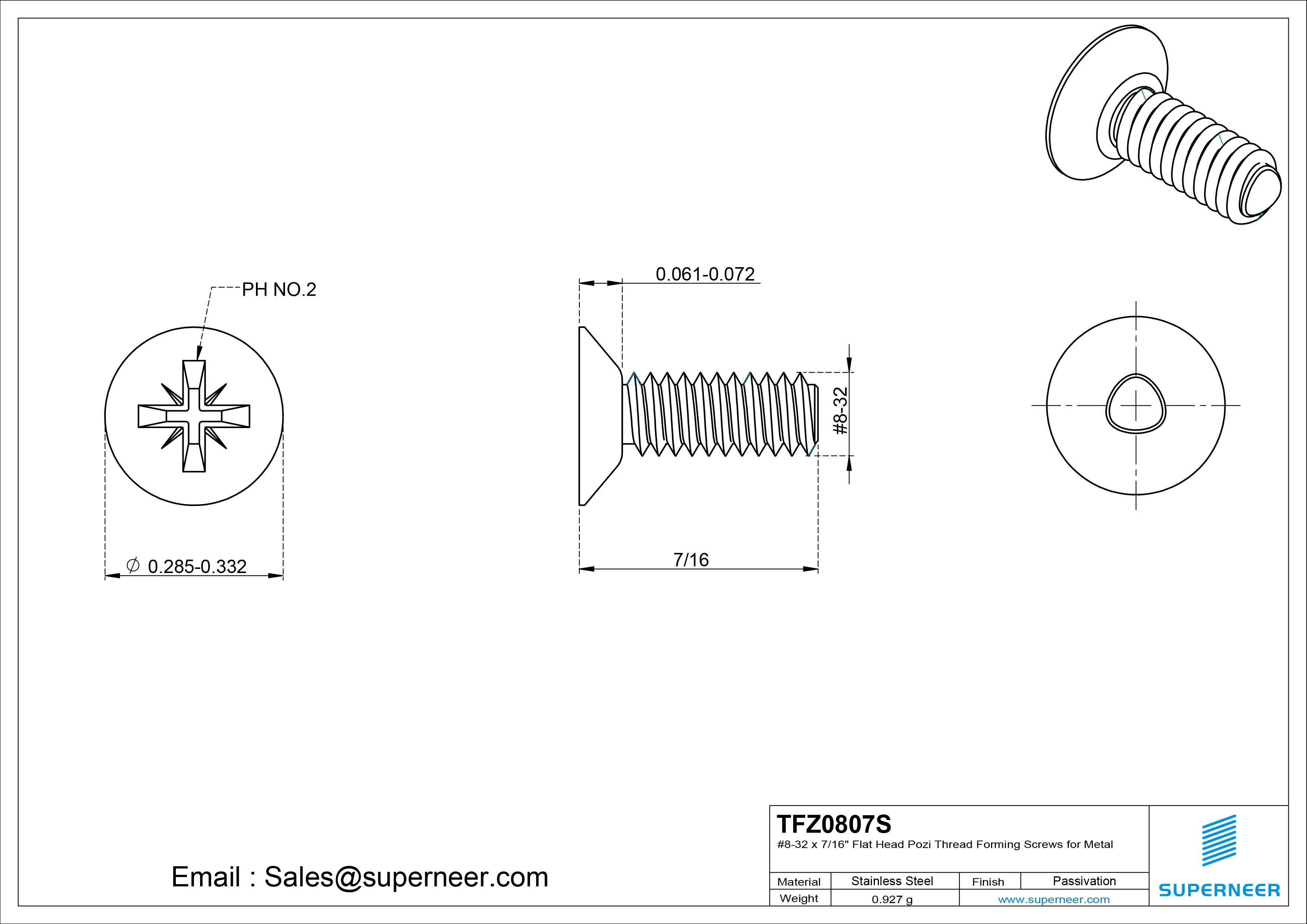 8-32 × 7/16 Flat Head Pozi Thread Forming Screws for Metal SUS304 Stainless Steel Inox