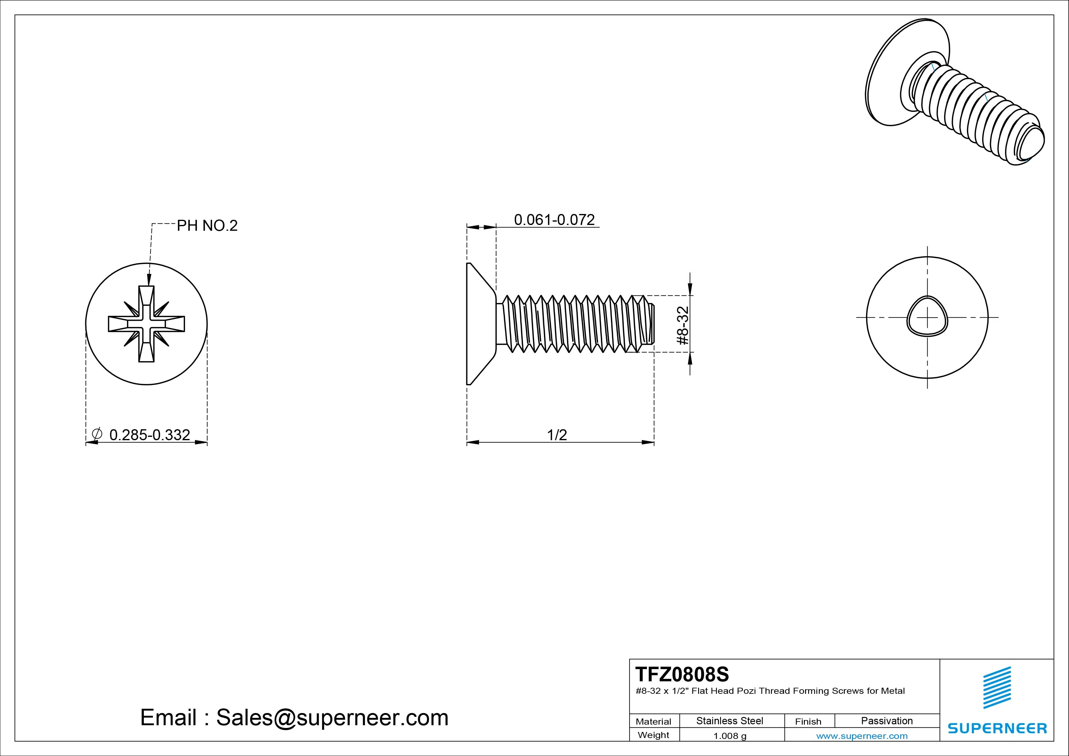 8-32 × 1/2 Flat Head Pozi Thread Forming Screws for Metal SUS304 Stainless Steel Inox