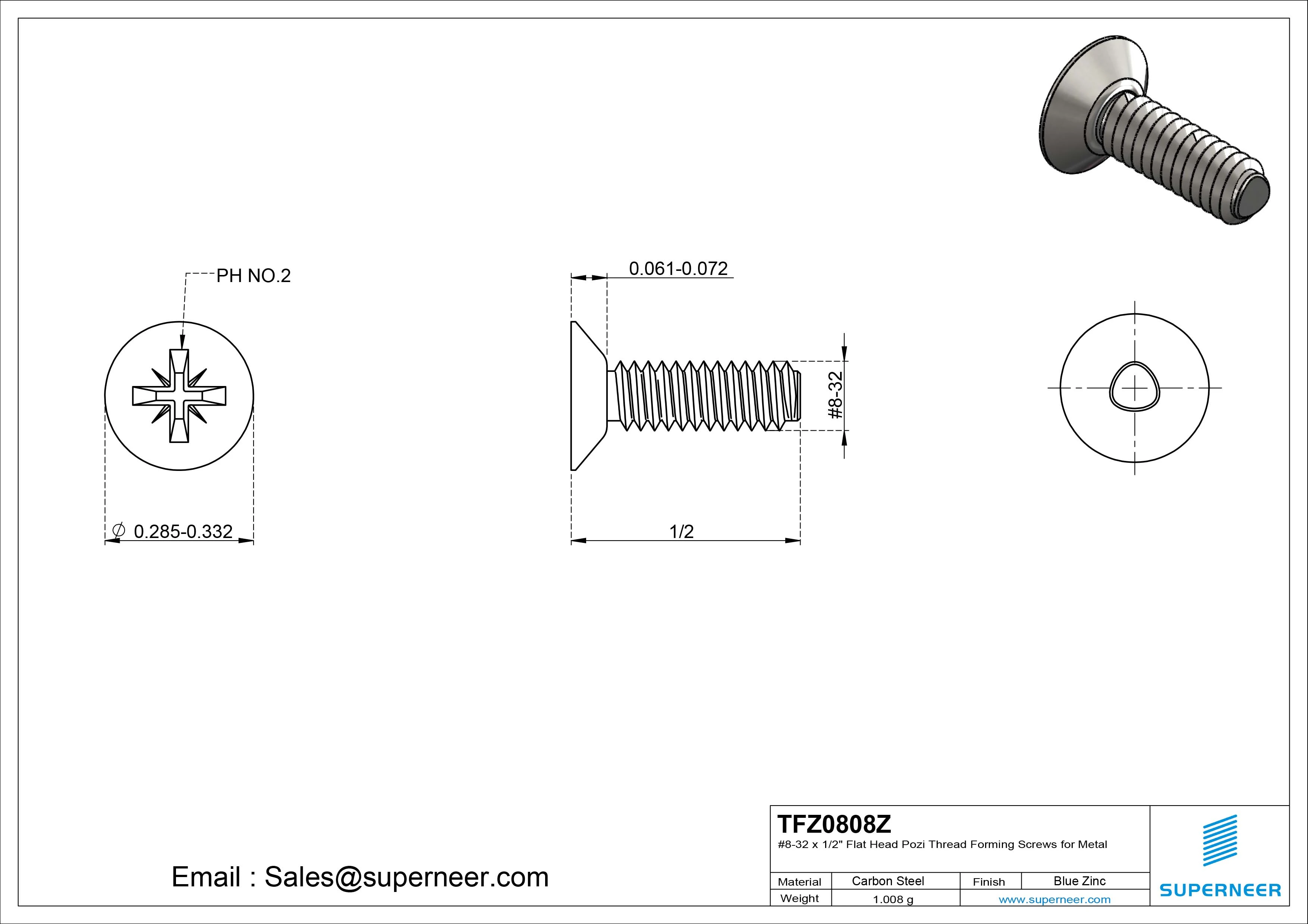 8-32 × 1/2 Flat Head Pozi Thread Forming Screws for Metal Steel Blue Zinc Plated