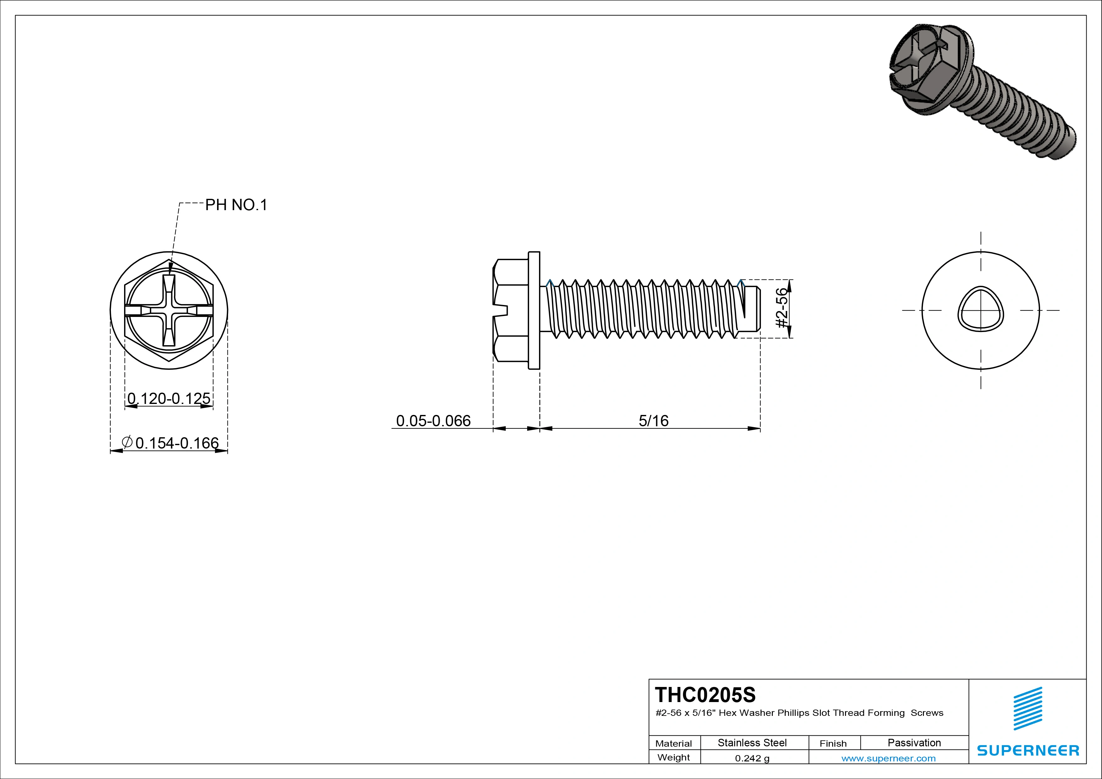 2-56 × 5/16 Hex Washer Phillips Slot Thread Forming  Screws for Metal  SUS304 Stainless Steel Inox