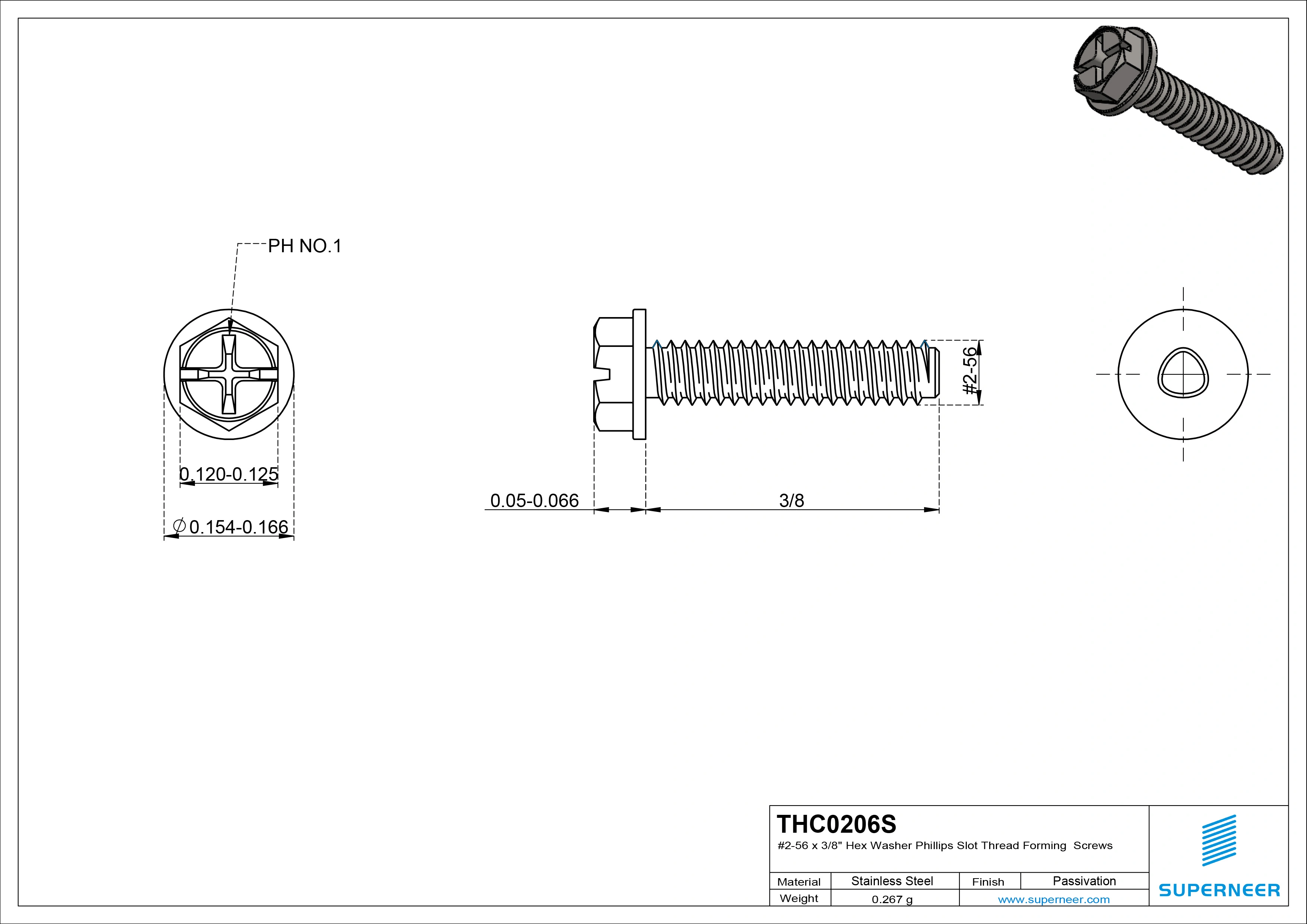 2-56 × 3/8 Hex Washer Phillips Slot Thread Forming  Screws for Metal  SUS304 Stainless Steel Inox