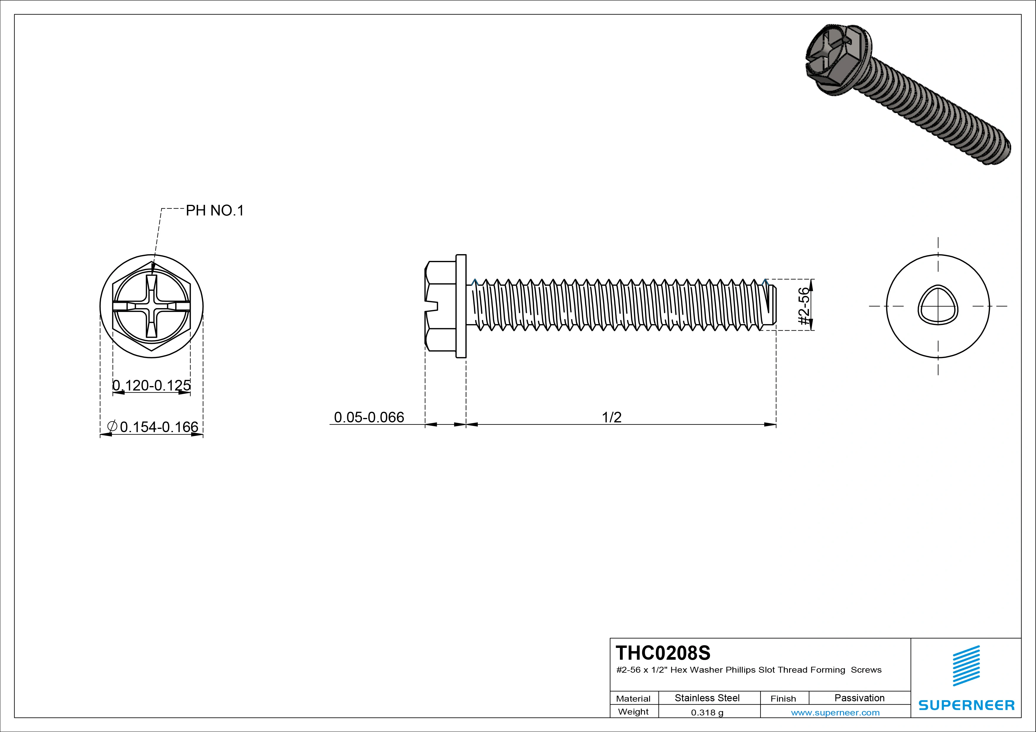 2-56 × 1/2 Hex Washer Phillips Slot Thread Forming  Screws for Metal  SUS304 Stainless Steel Inox