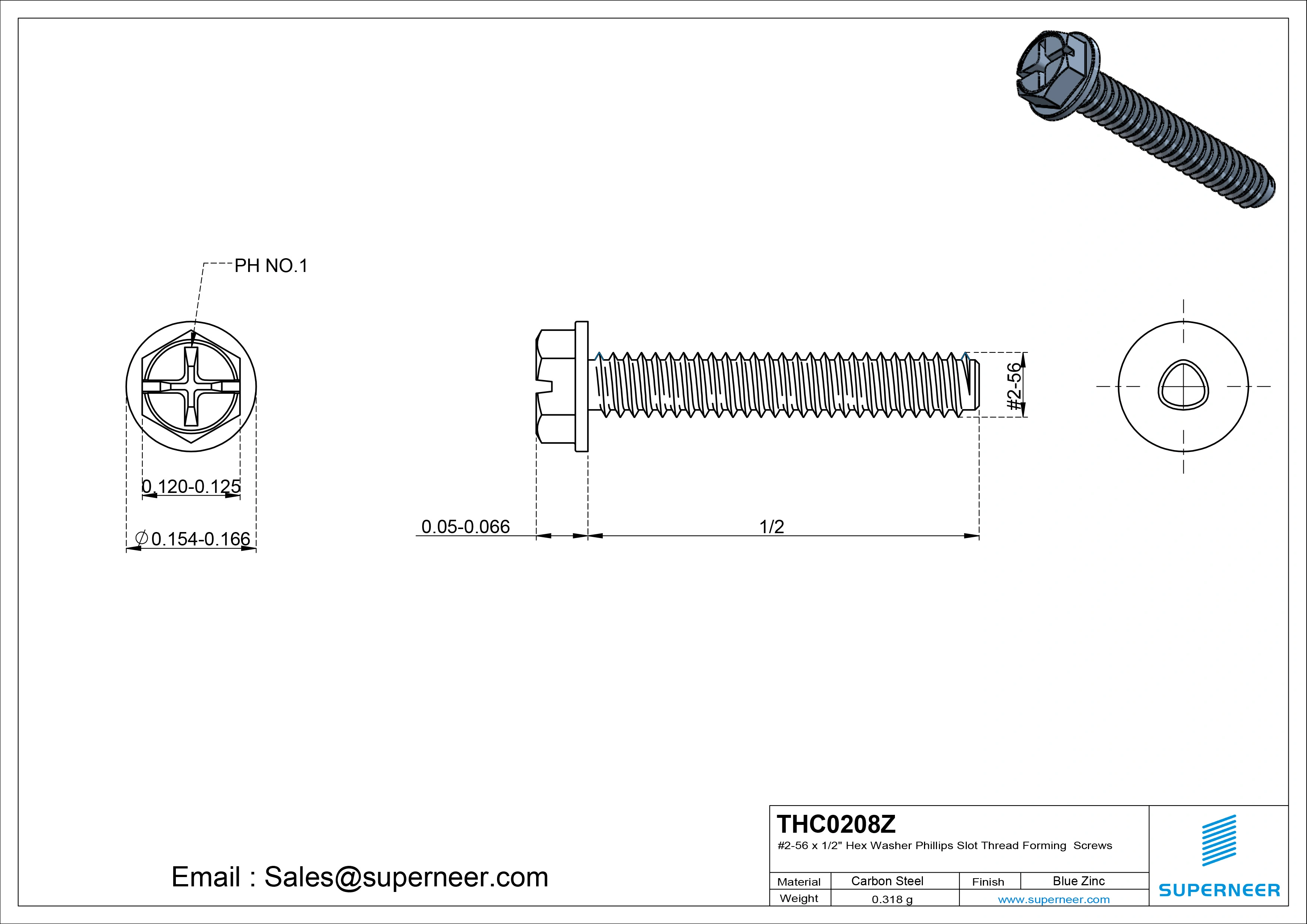 2-56 × 1/2 Hex Washer Phillips Slot Thread Forming  Screws for Metal  Steel Blue Zinc Plated