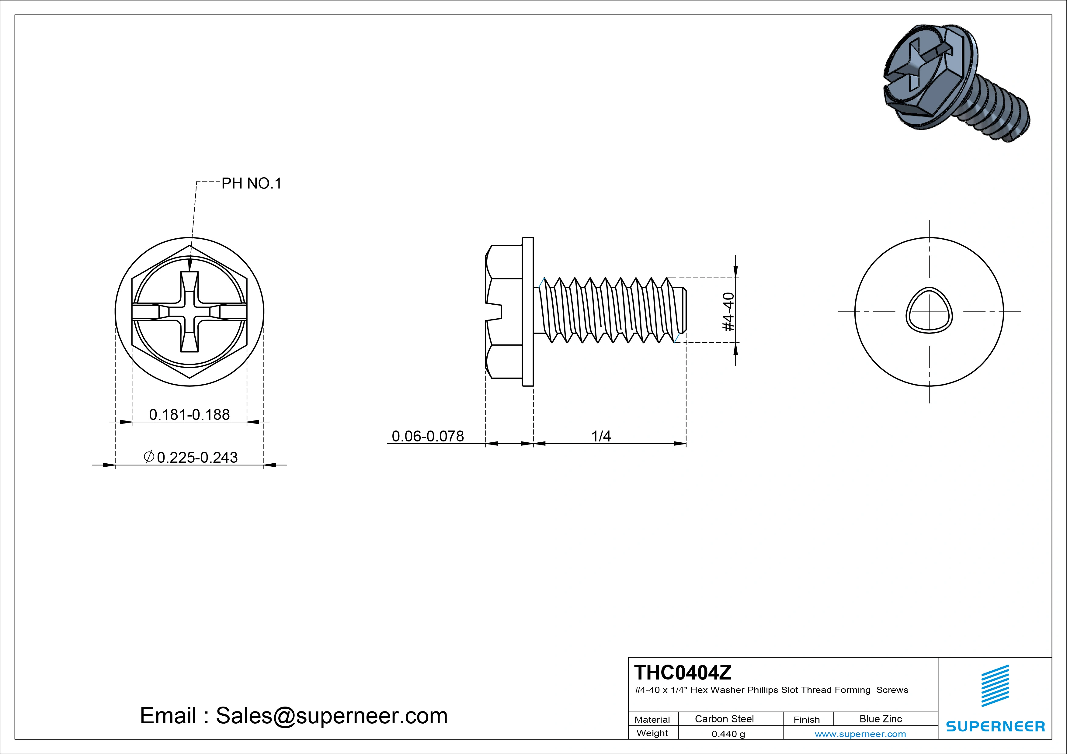 4-40 × 1/4 Hex Washer Phillips Slot Thread Forming  Screws for Metal  Steel Blue Zinc Plated