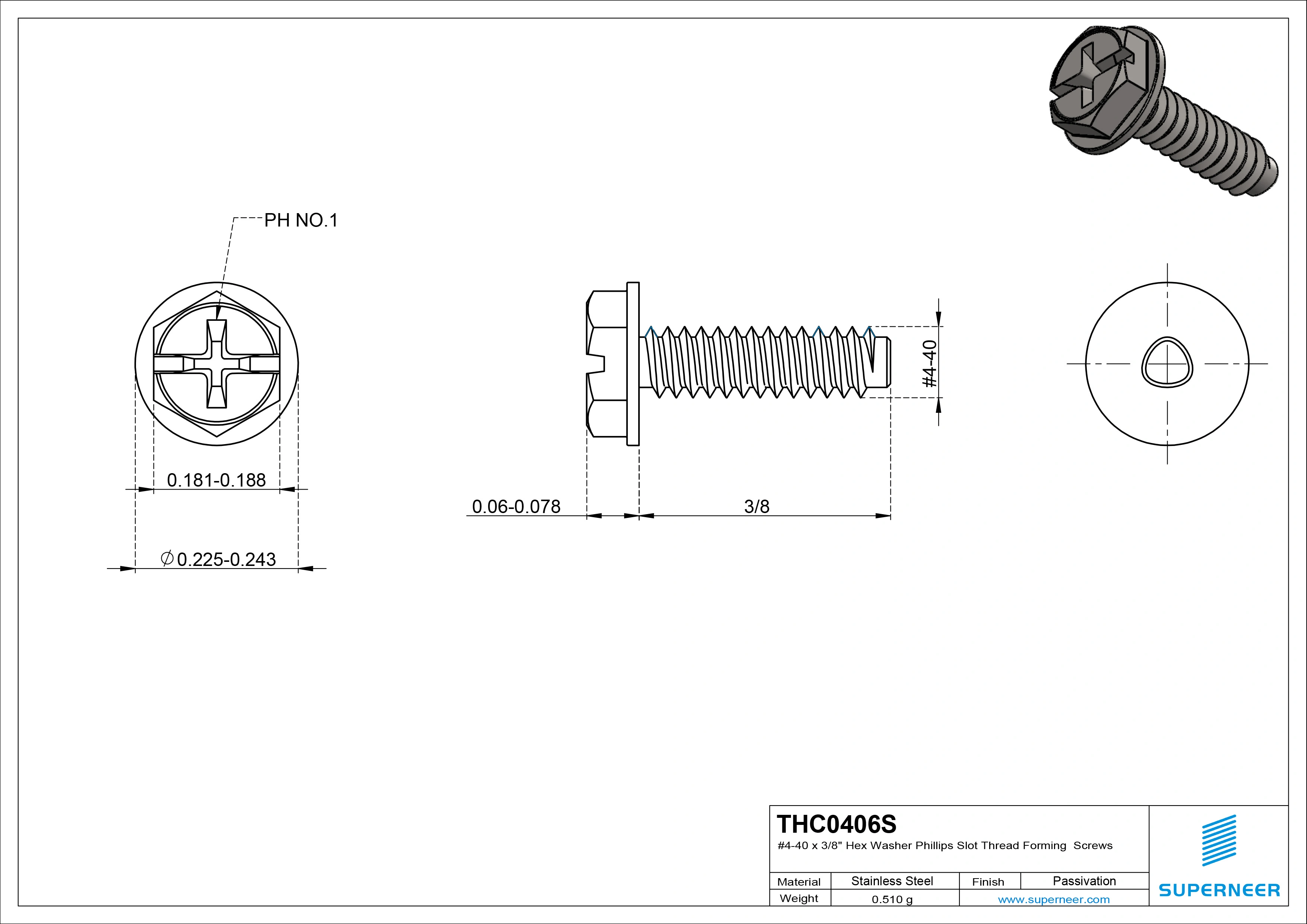 4-40 × 3/8 Hex Washer Phillips Slot Thread Forming  Screws for Metal  SUS304 Stainless Steel Inox