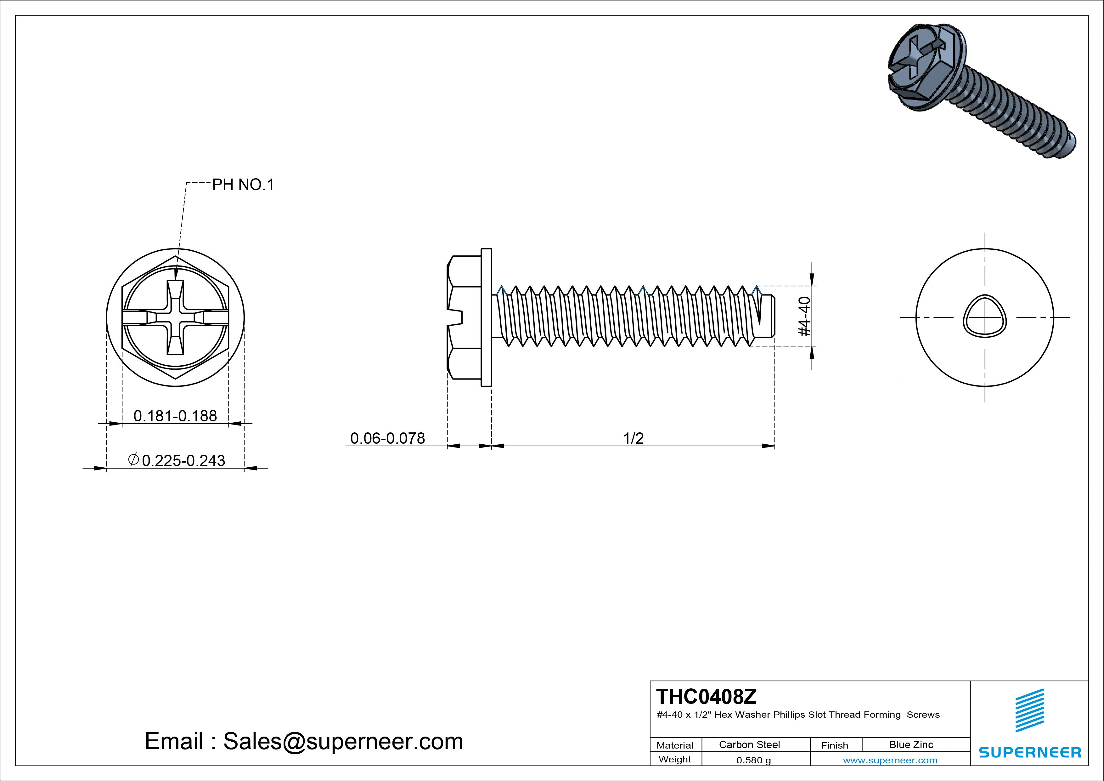 4-40 × 1/2 Hex Washer Phillips Slot Thread Forming  Screws for Metal  Steel Blue Zinc Plated