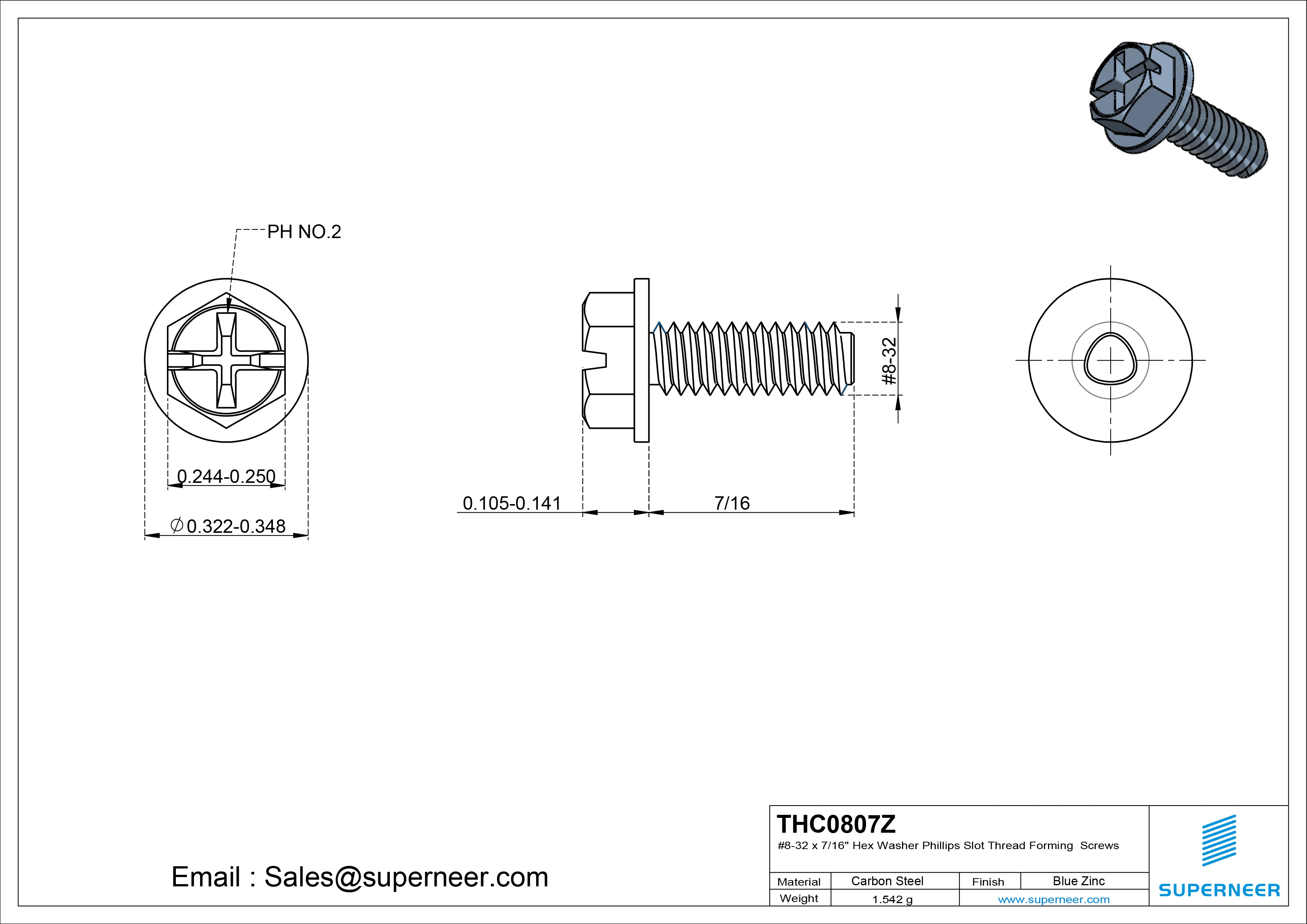8-32 × 7/16 Hex Washer Phillips Slot Thread Forming  Screws for Metal  Steel Blue Zinc Plated