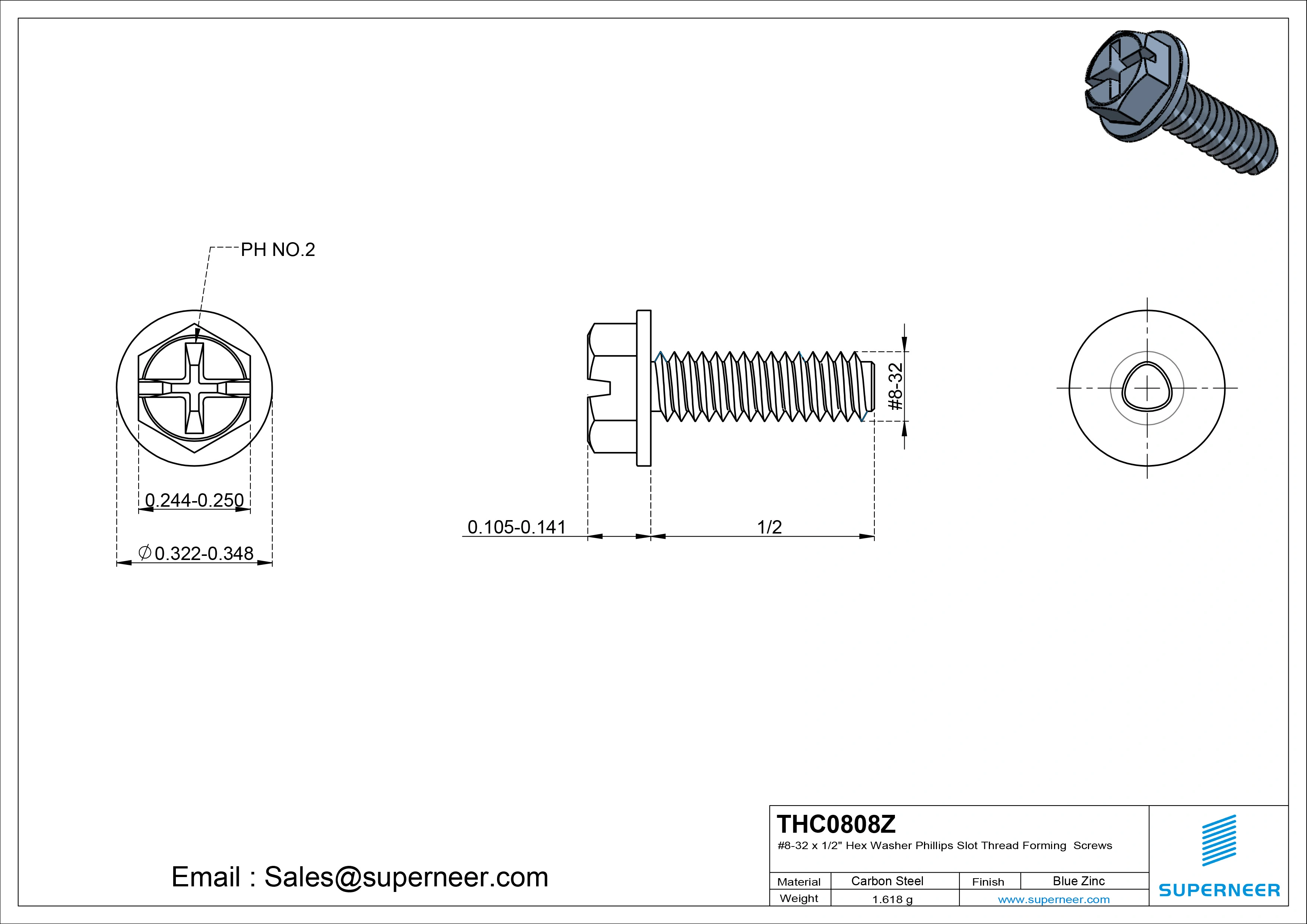 8-32 × 1/2 Hex Washer Phillips Slot Thread Forming  Screws for Metal  Steel Blue Zinc Plated