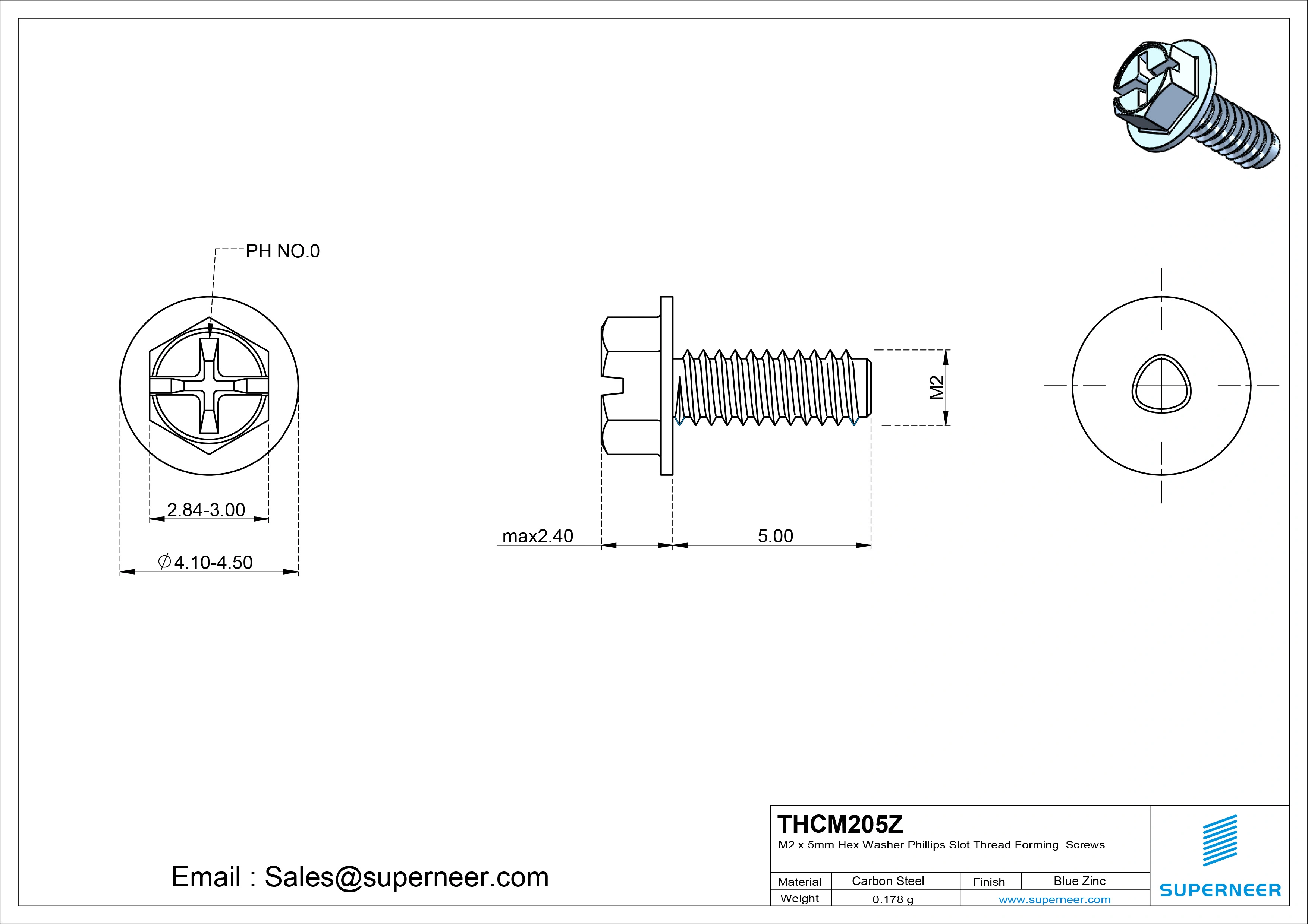 M2 × 5mm Indented Hex Washer Phillips Slot Thread Forming Screws for Metal Steel Blue Zinc Plated