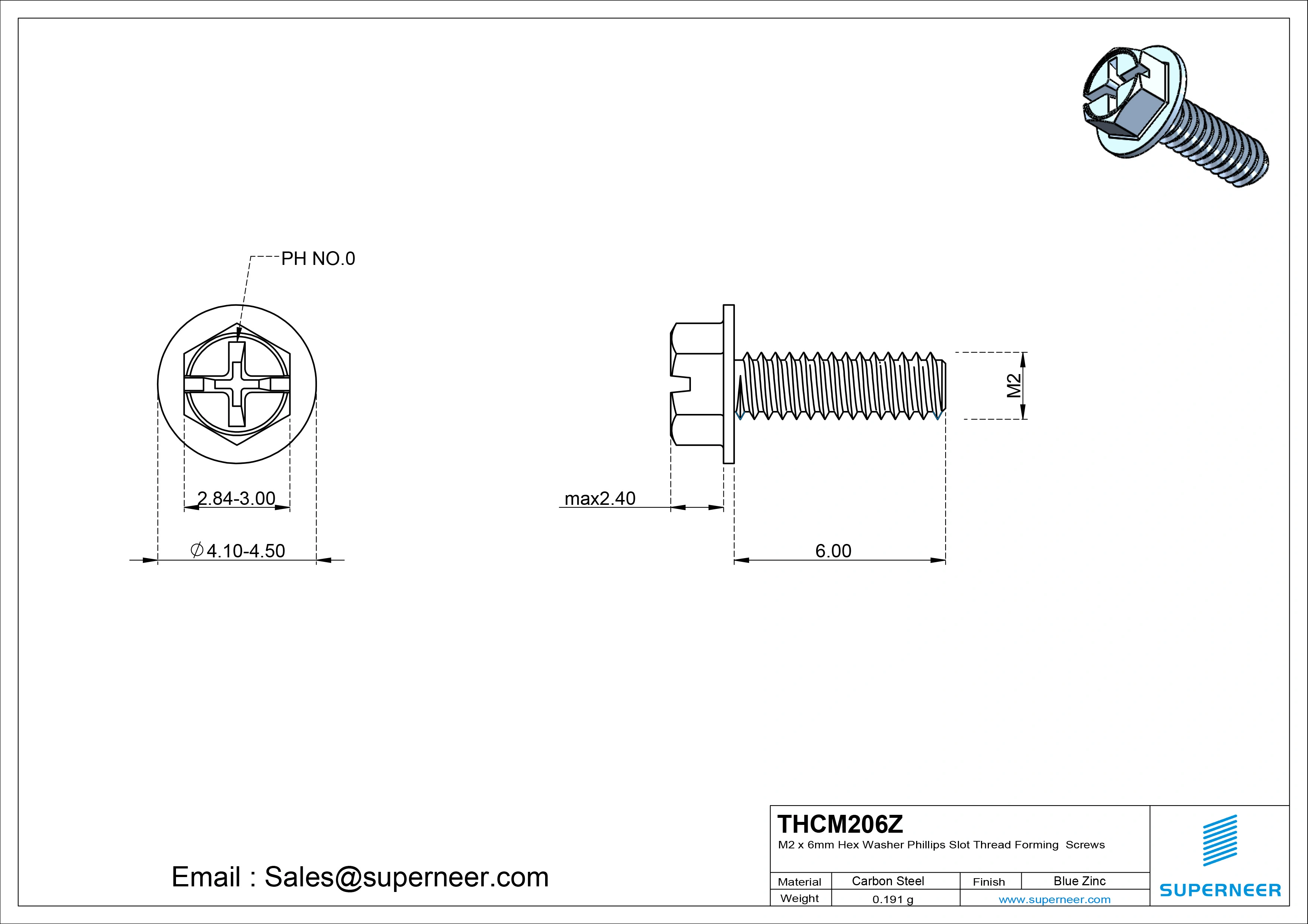 M2 × 6mm Indented Hex Washer Phillips Slot Thread Forming Screws for Metal Steel Blue Zinc Plated
