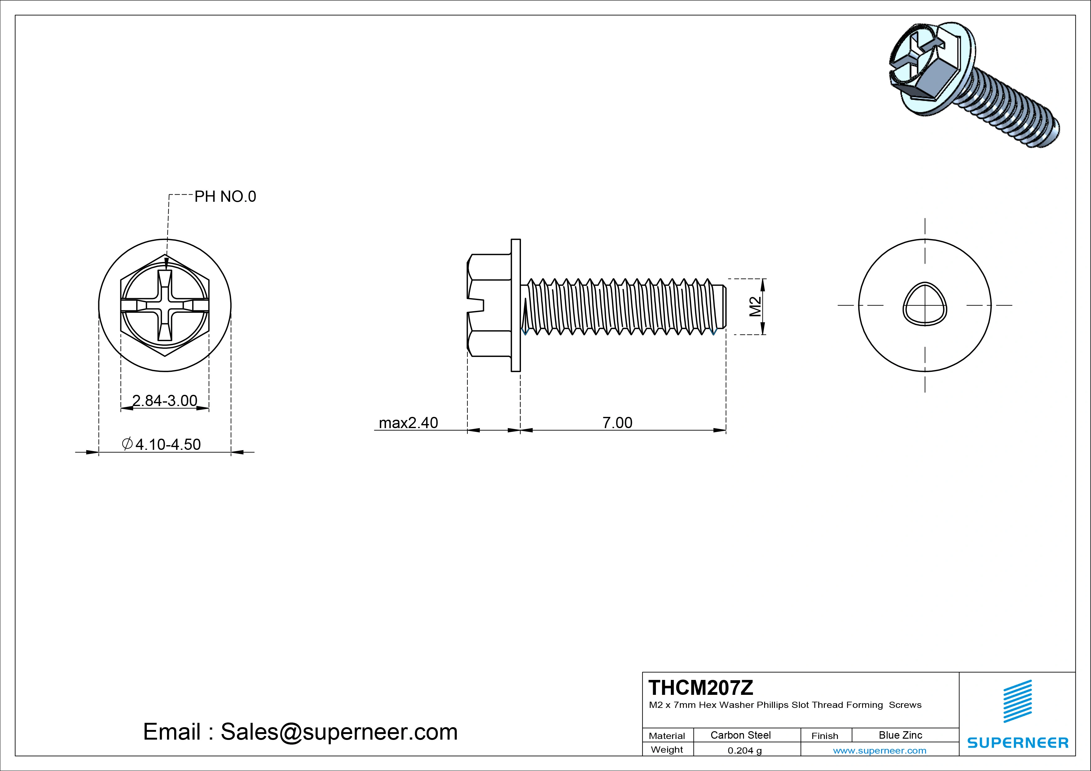 M2 × 7mm Indented Hex Washer Phillips Slot Thread Forming Screws for Metal Steel Blue Zinc Plated