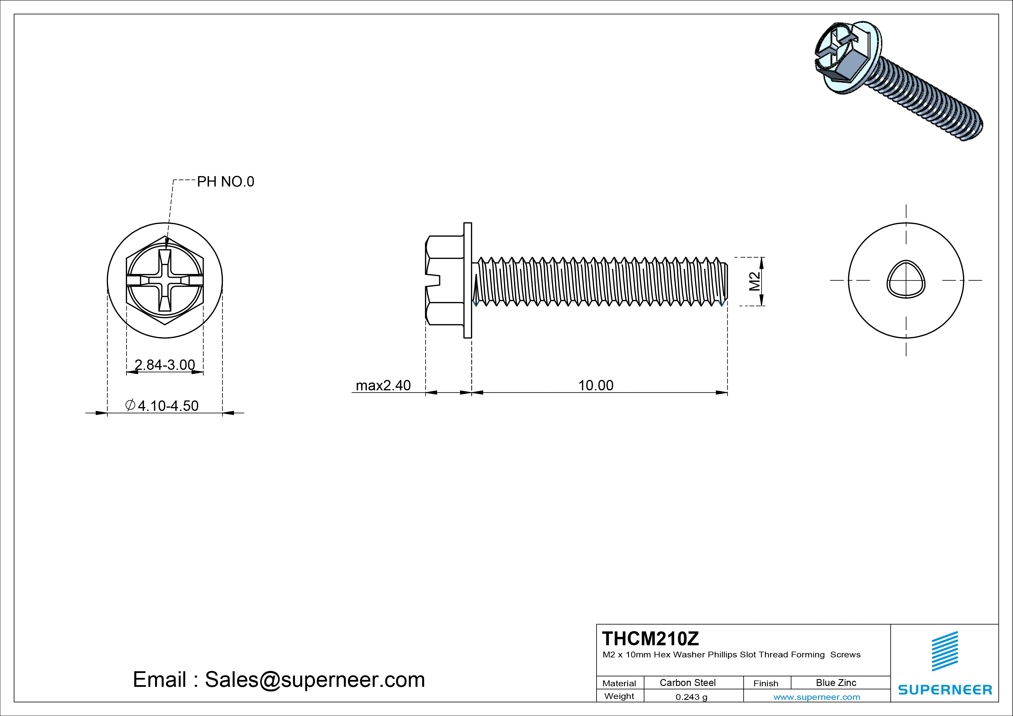 M2 × 10mm Indented Hex Washer Phillips Slot Thread Forming Screws for Metal Steel Blue Zinc Plated