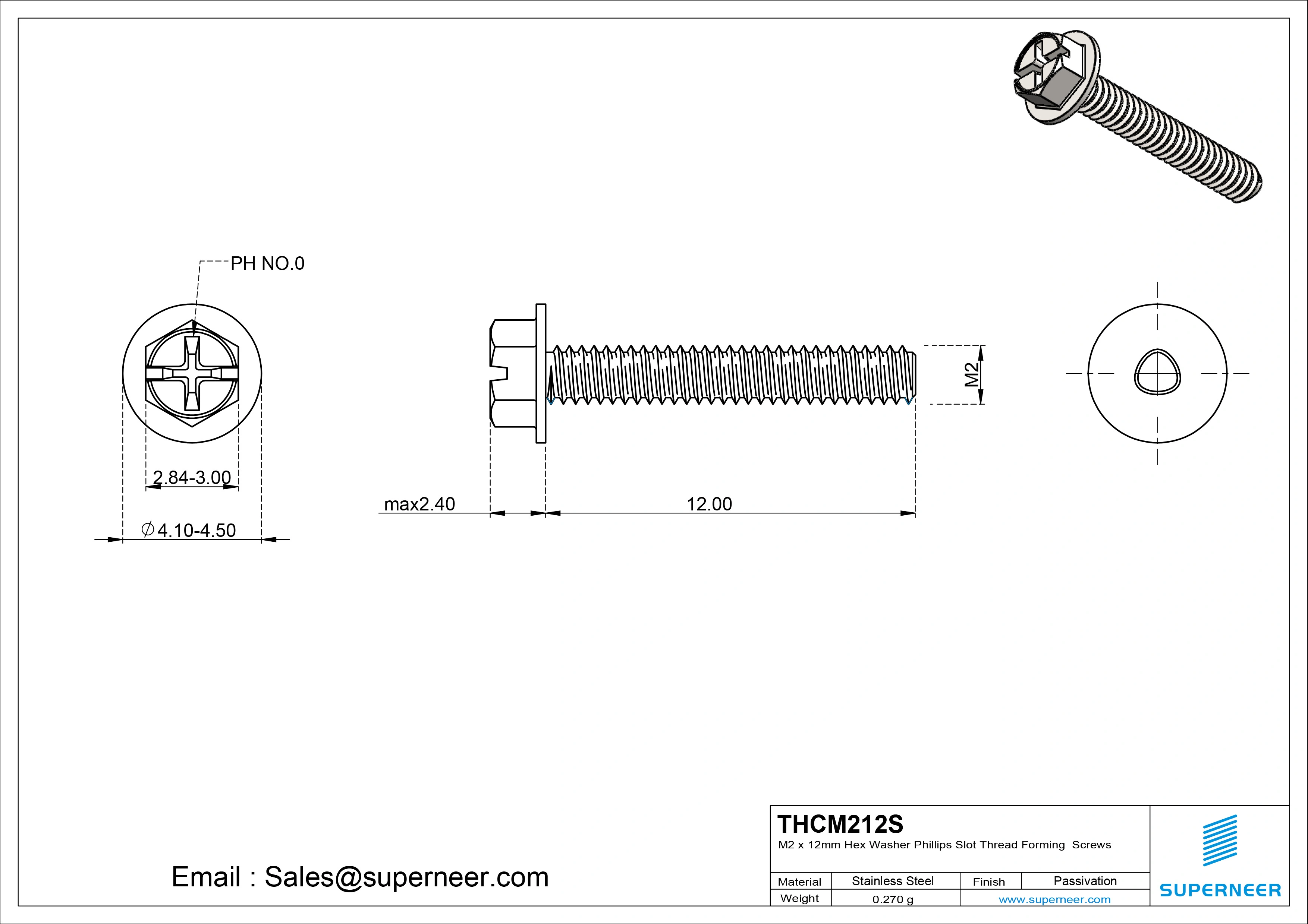 M2 × 12mm Indented Hex Washer Phillips Slot Thread Forming Screws for Metal SUS304 Stainless Steel Inox