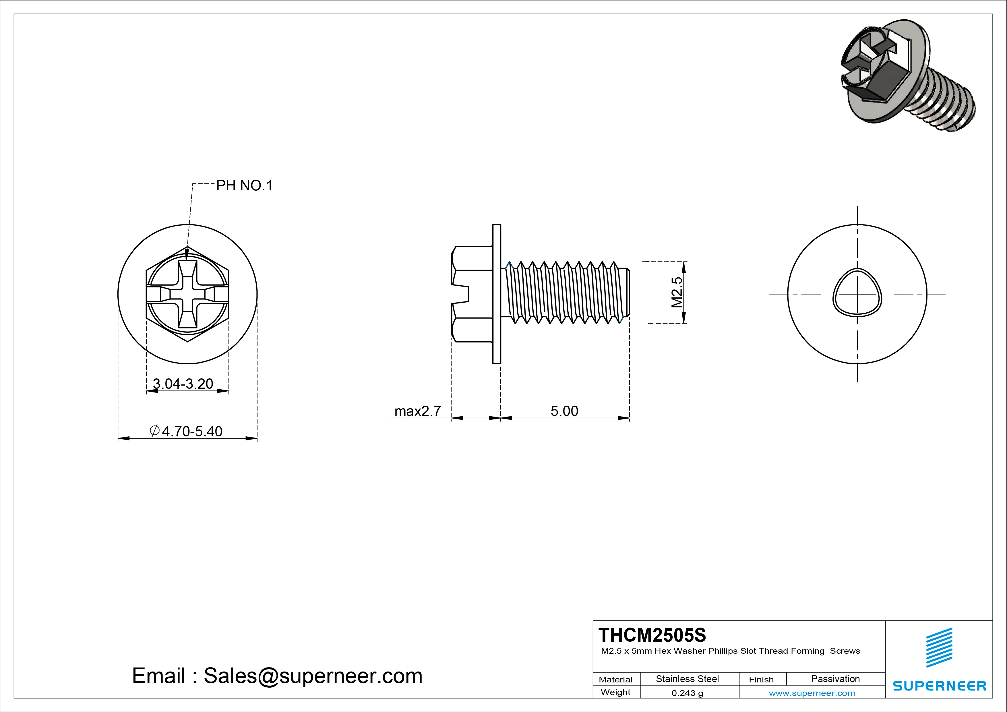 M2.5 × 5mm Indented Hex Washer Phillips Slot Thread Forming Screws for Metal SUS304 Stainless Steel Inox