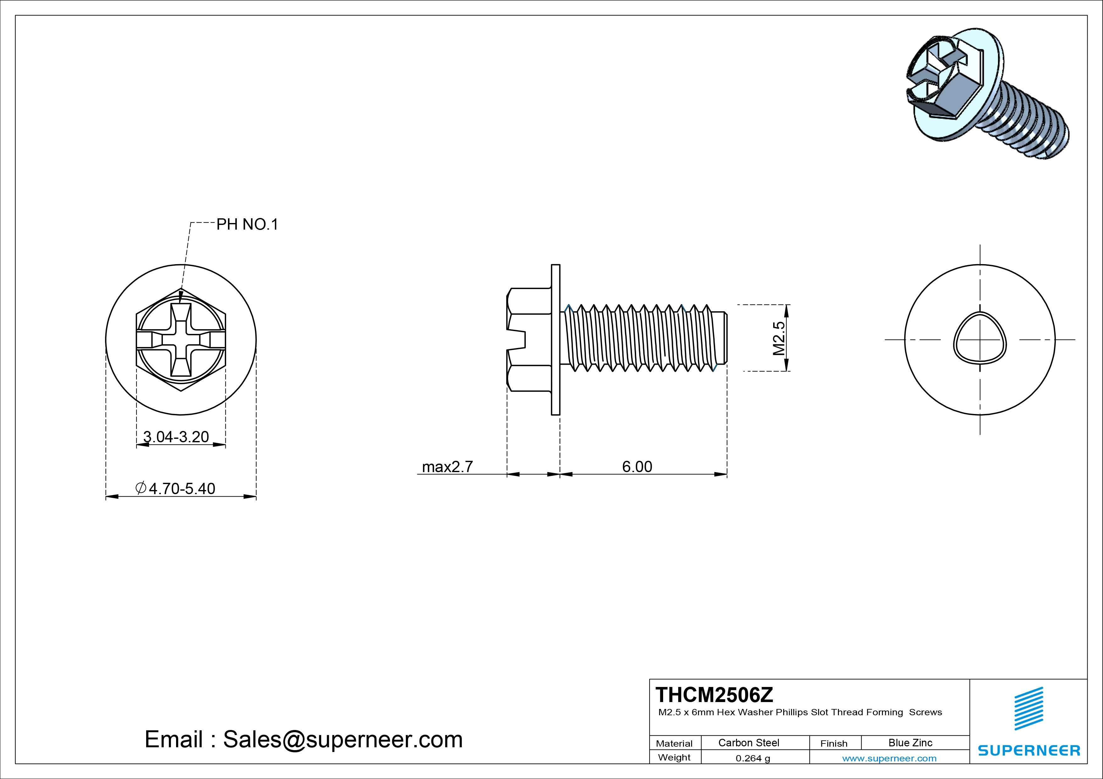 M2.5 × 6mm Indented Hex Washer Phillips Slot Thread Forming Screws for Metal Steel Blue Zinc Plated