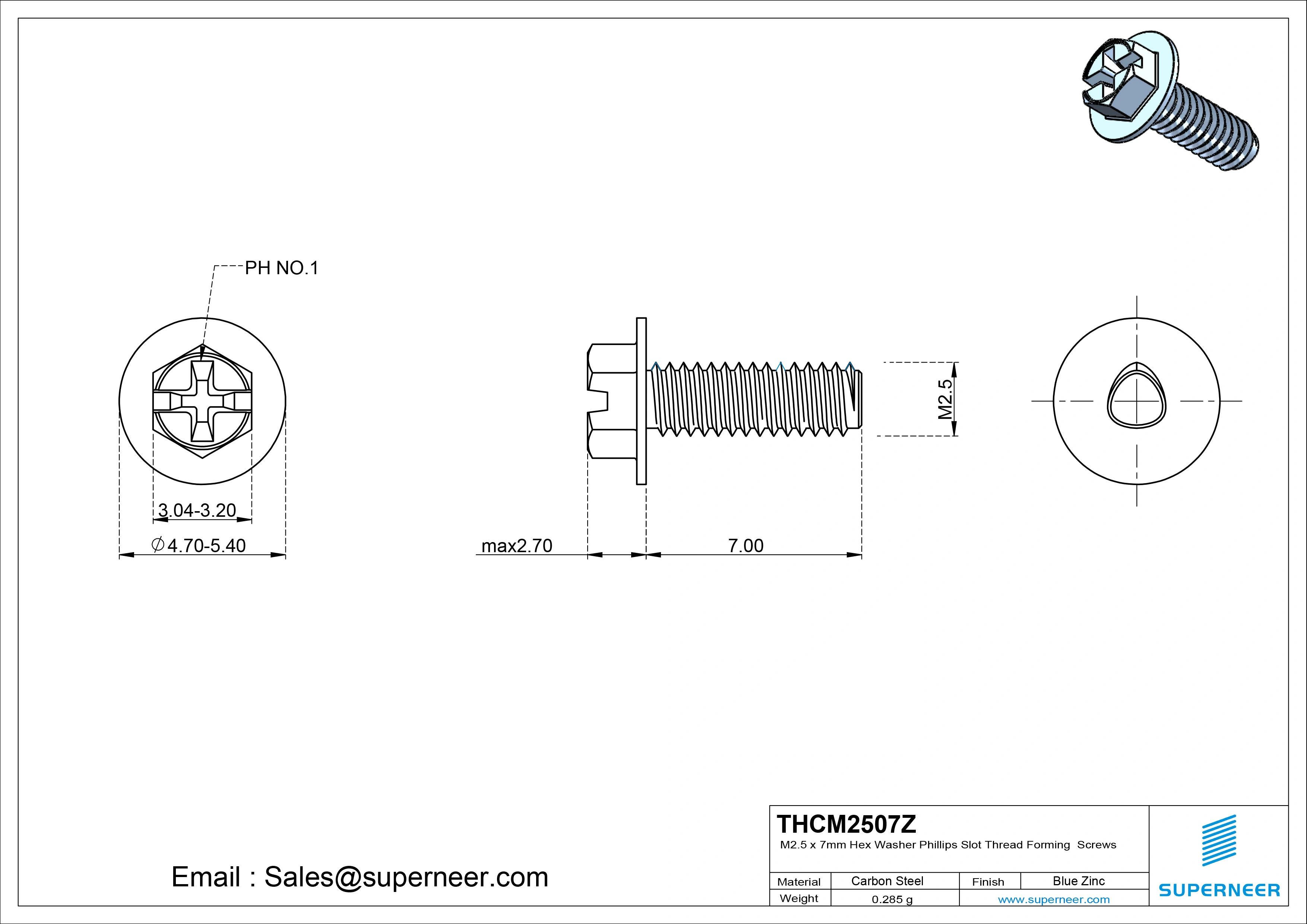 M2.5 × 7mm Indented Hex Washer Phillips Slot Thread Forming Screws for Metal Steel Blue Zinc Plated