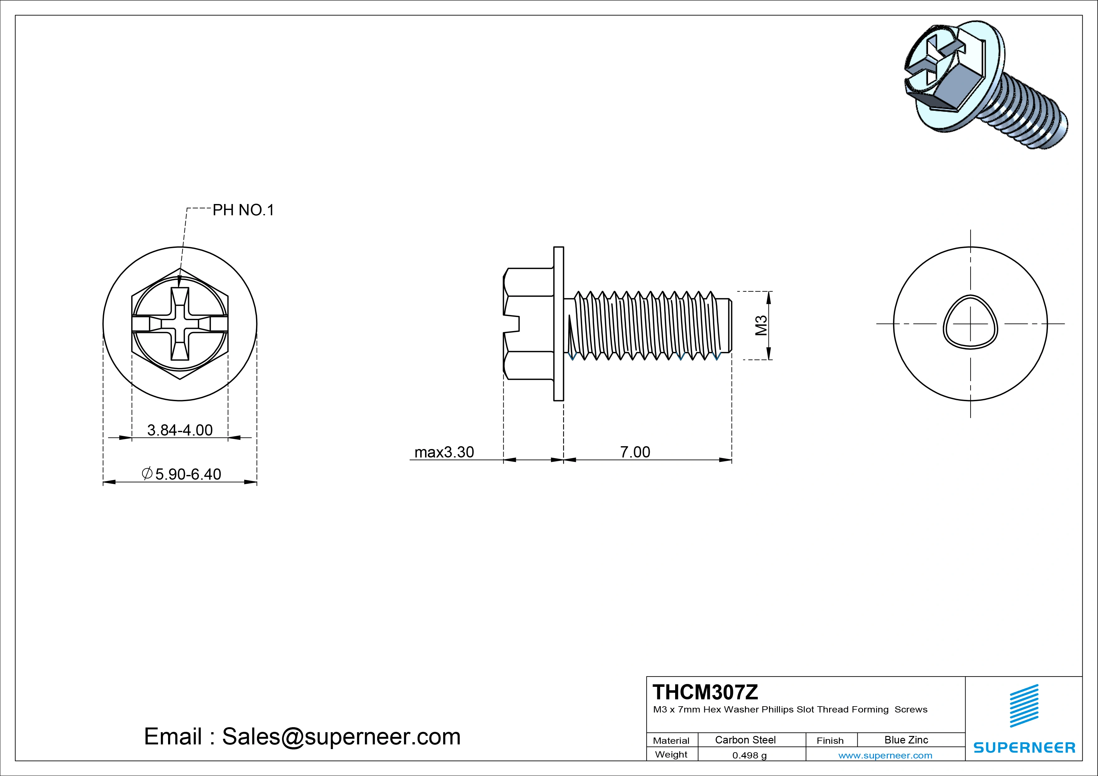 M3 × 7mm Indented Hex Washer Phillips Slot Thread Forming Screws for Metal Steel Blue Zinc Plated