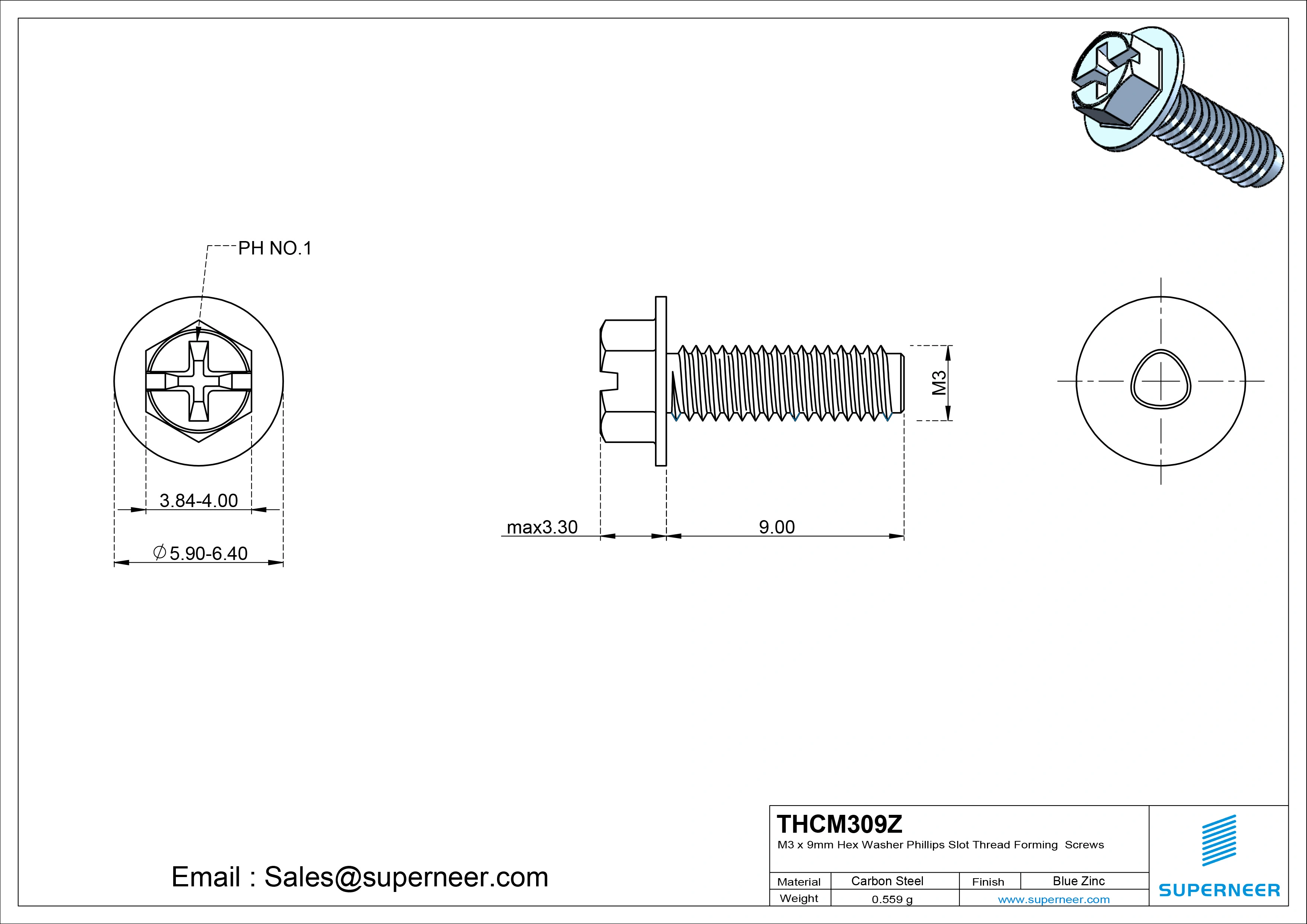 M3 × 9mm Indented Hex Washer Phillips Slot Thread Forming Screws for Metal Steel Blue Zinc Plated