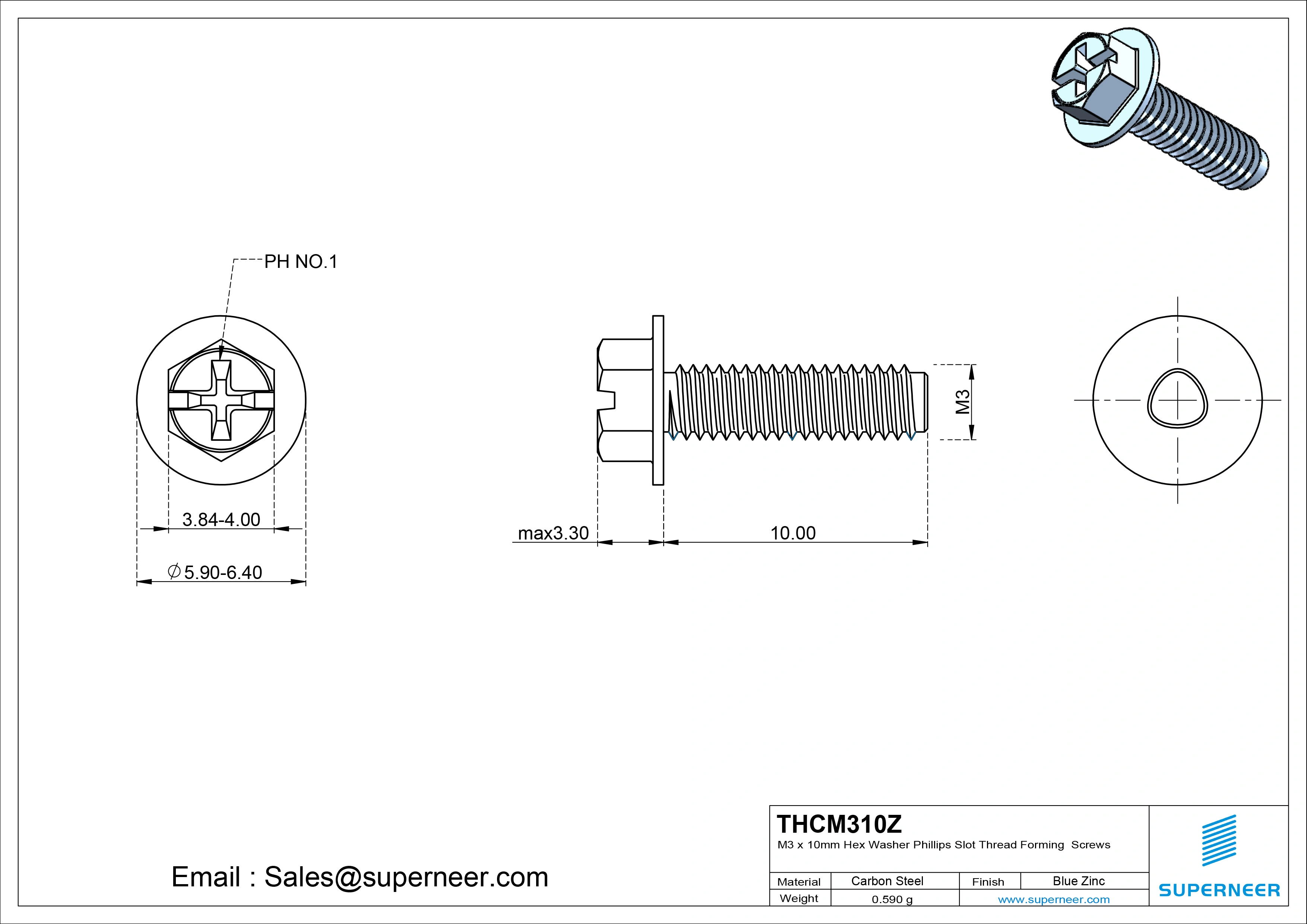 M3 × 10mm Indented Hex Washer Phillips Slot Thread Forming Screws for Metal Steel Blue Zinc Plated