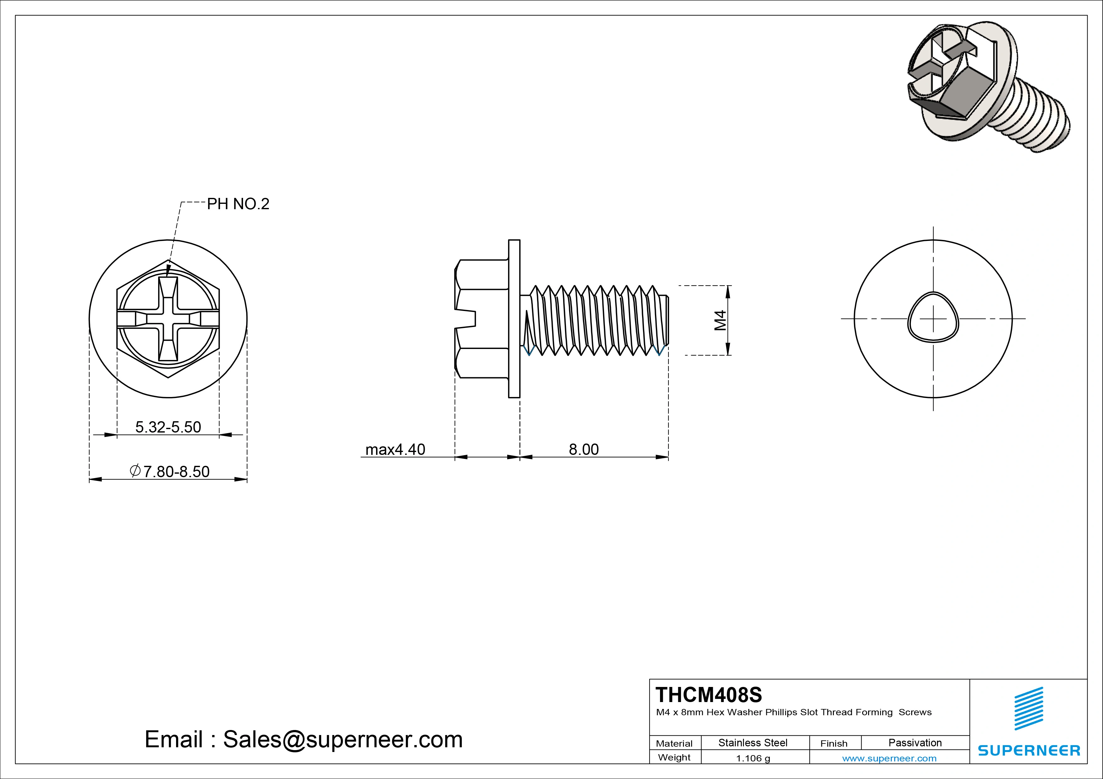 M4 × 8mm Indented Hex Washer Phillips Slot Thread Forming Screws for Metal SUS304 Stainless Steel Inox