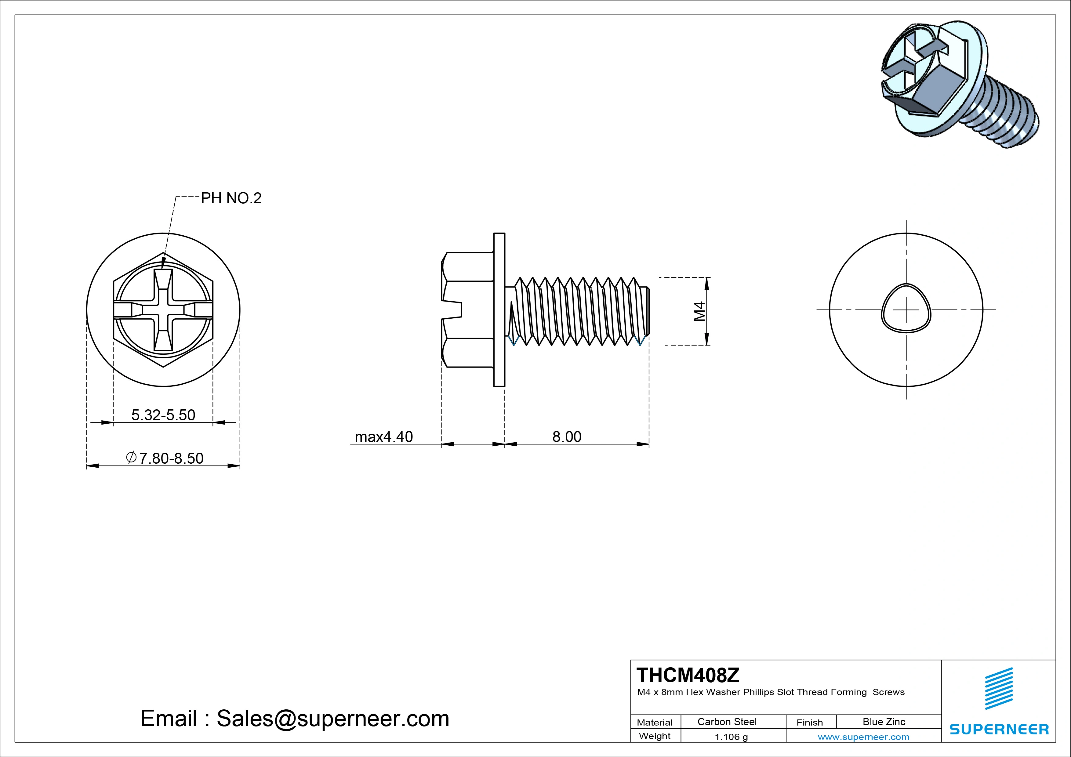 M4 × 8mm Indented Hex Washer Phillips Slot Thread Forming Screws for Metal Steel Blue Zinc Plated