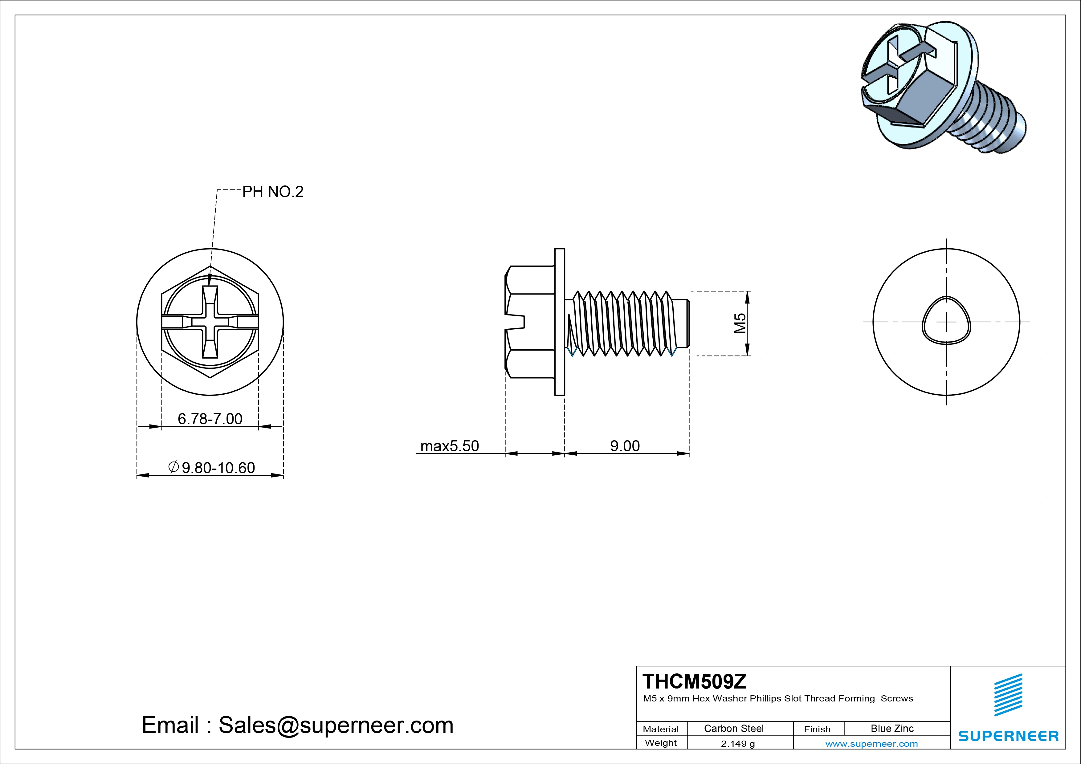 M5 × 9mm Indented Hex Washer Phillips Slot Thread Forming Screws for Metal Steel Blue Zinc Plated