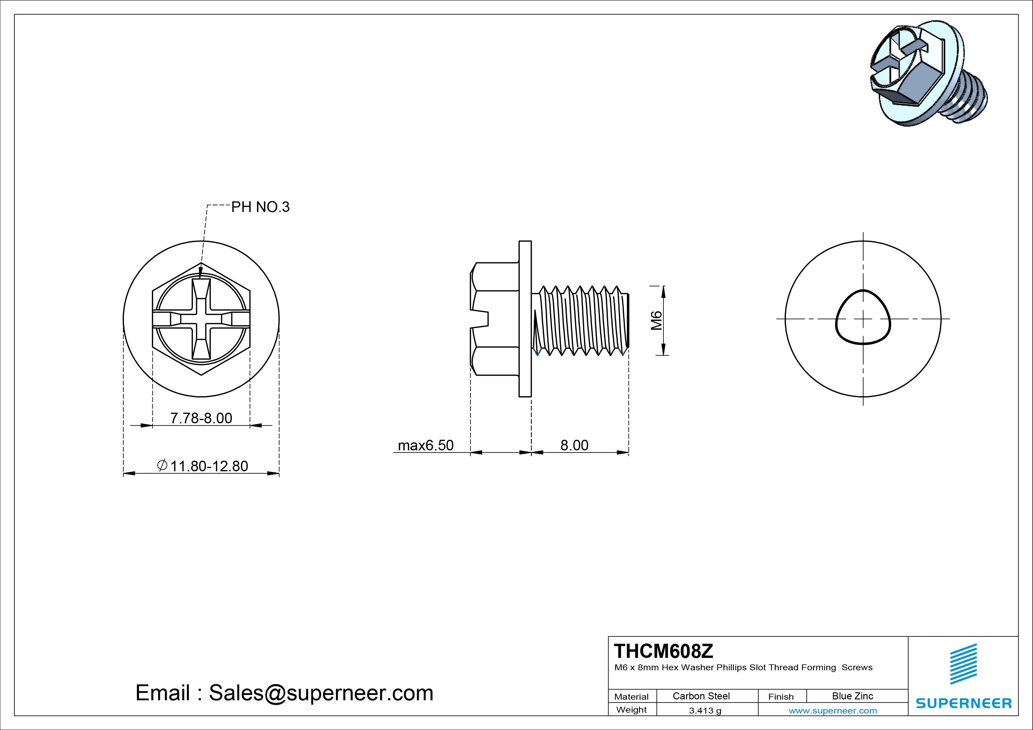 M6 × 8mm Indented Hex Washer Phillips Slot Thread Forming Screws for Metal Steel Blue Zinc Plated