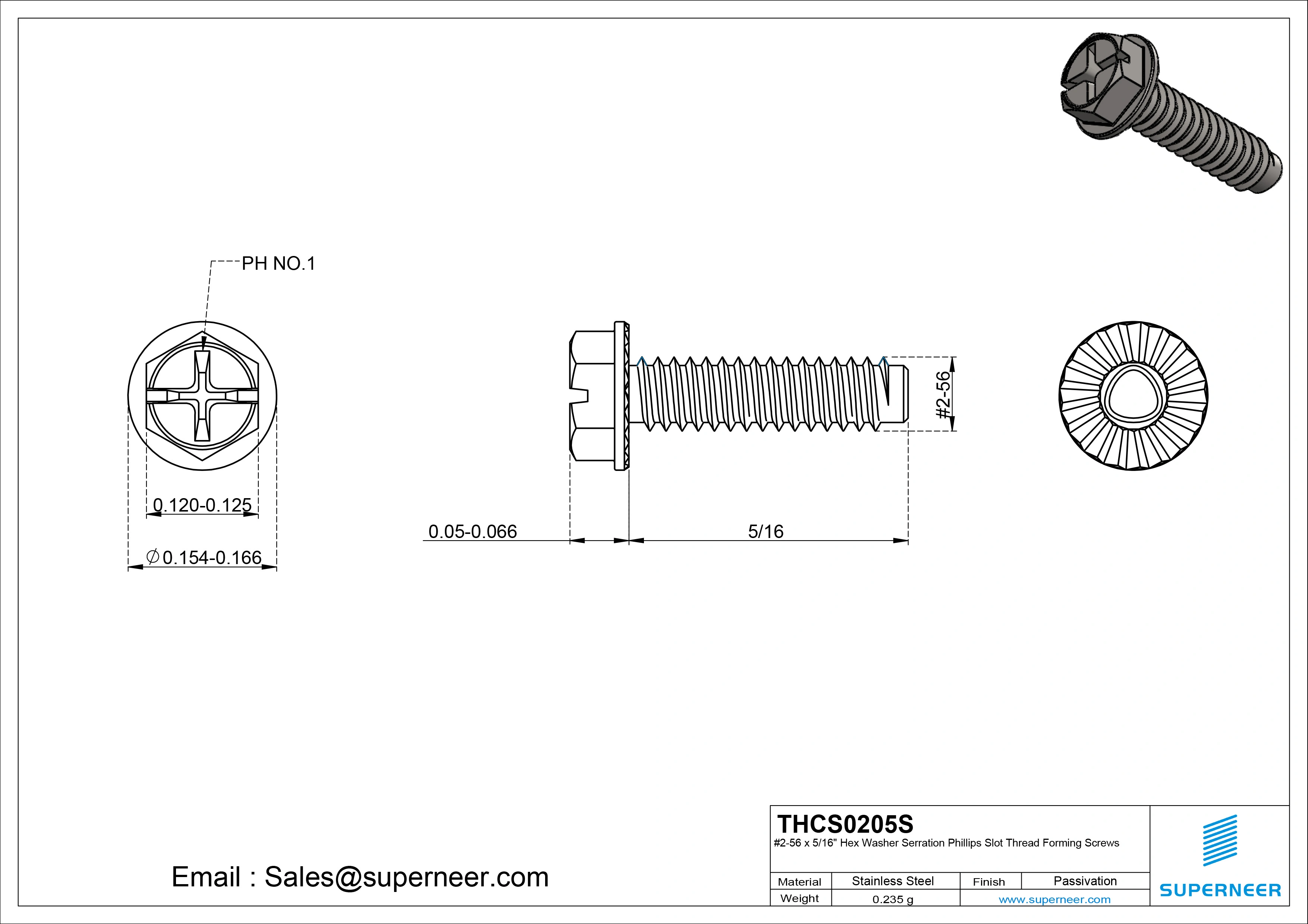 2-56 × 5/16 Hex Washer Serration Phillips Slot Thread Forming  Screws for Metal  SUS304 Stainless Steel Inox