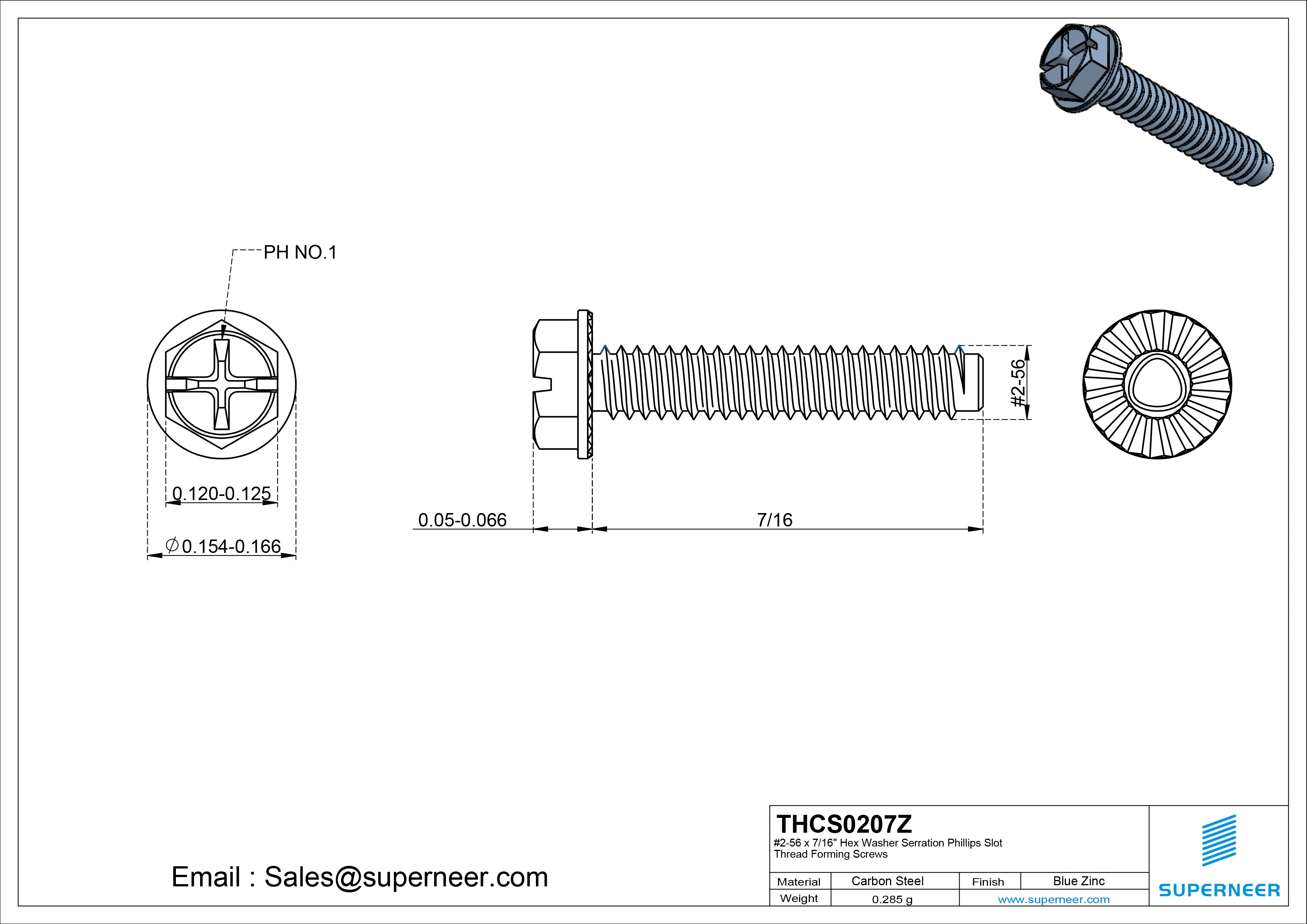 2-56 × 7/16 Hex Washer Serration Phillips Slot Thread Forming  Screws for Metal  Steel Blue Zinc Plated
