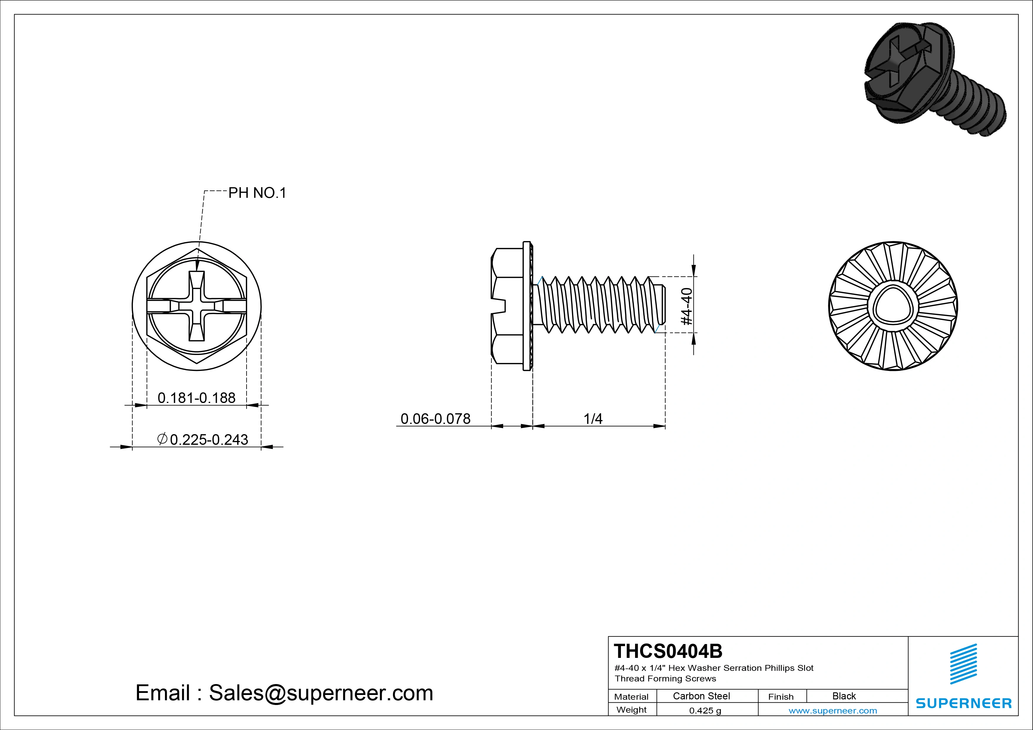 4-40 × 1/4 Hex Washer Serration Phillips Slot Thread Forming  Screws for Metal  Steel Black