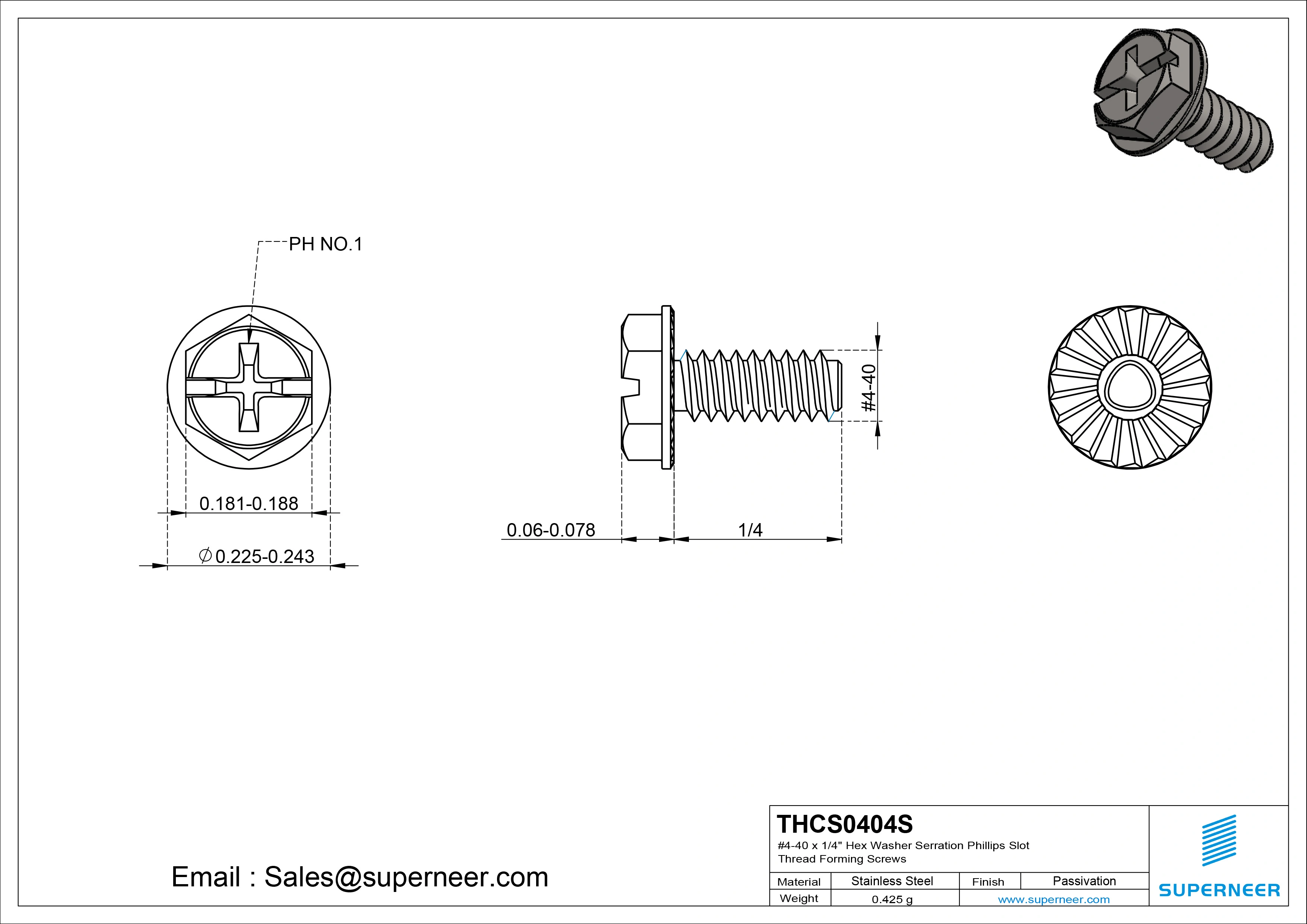 4-40 × 1/4 Hex Washer Serration Phillips Slot Thread Forming  Screws for Metal  SUS304 Stainless Steel Inox