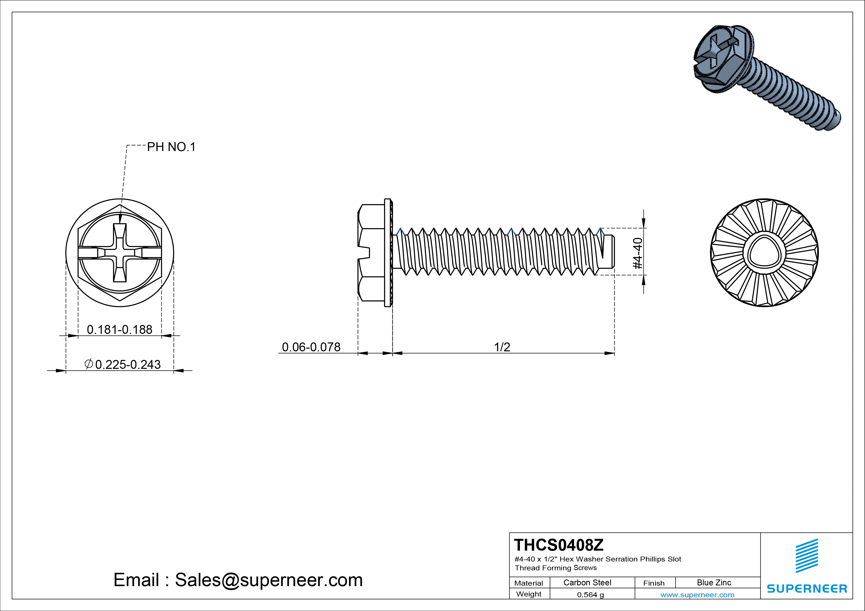 4-40 × 1/2 Hex Washer Serration Phillips Slot Thread Forming  Screws for Metal  Steel Blue Zinc Plated