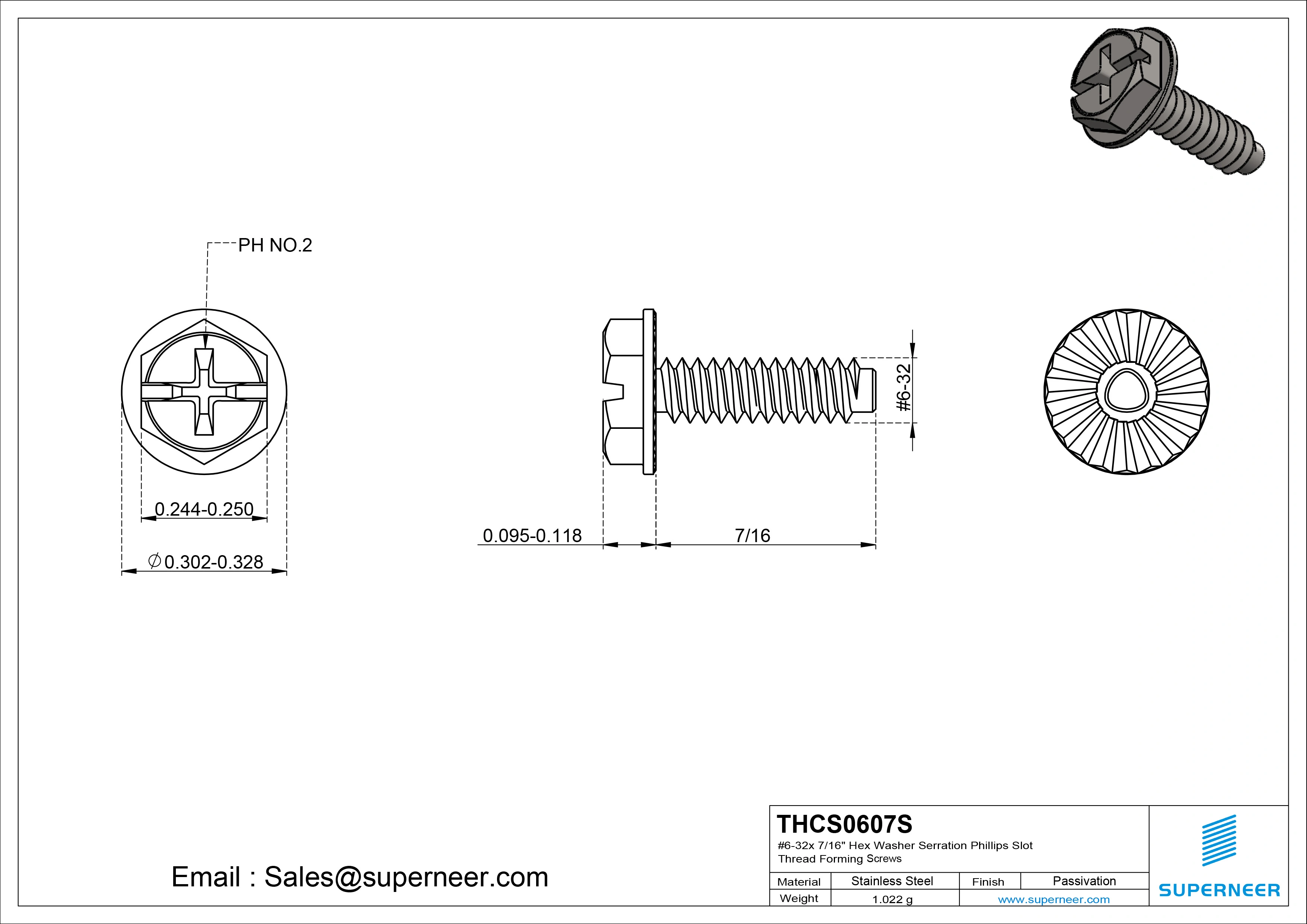 6-32 × 7/16 Hex Washer Serration Phillips Slot Thread Forming  Screws for Metal  SUS304 Stainless Steel Inox