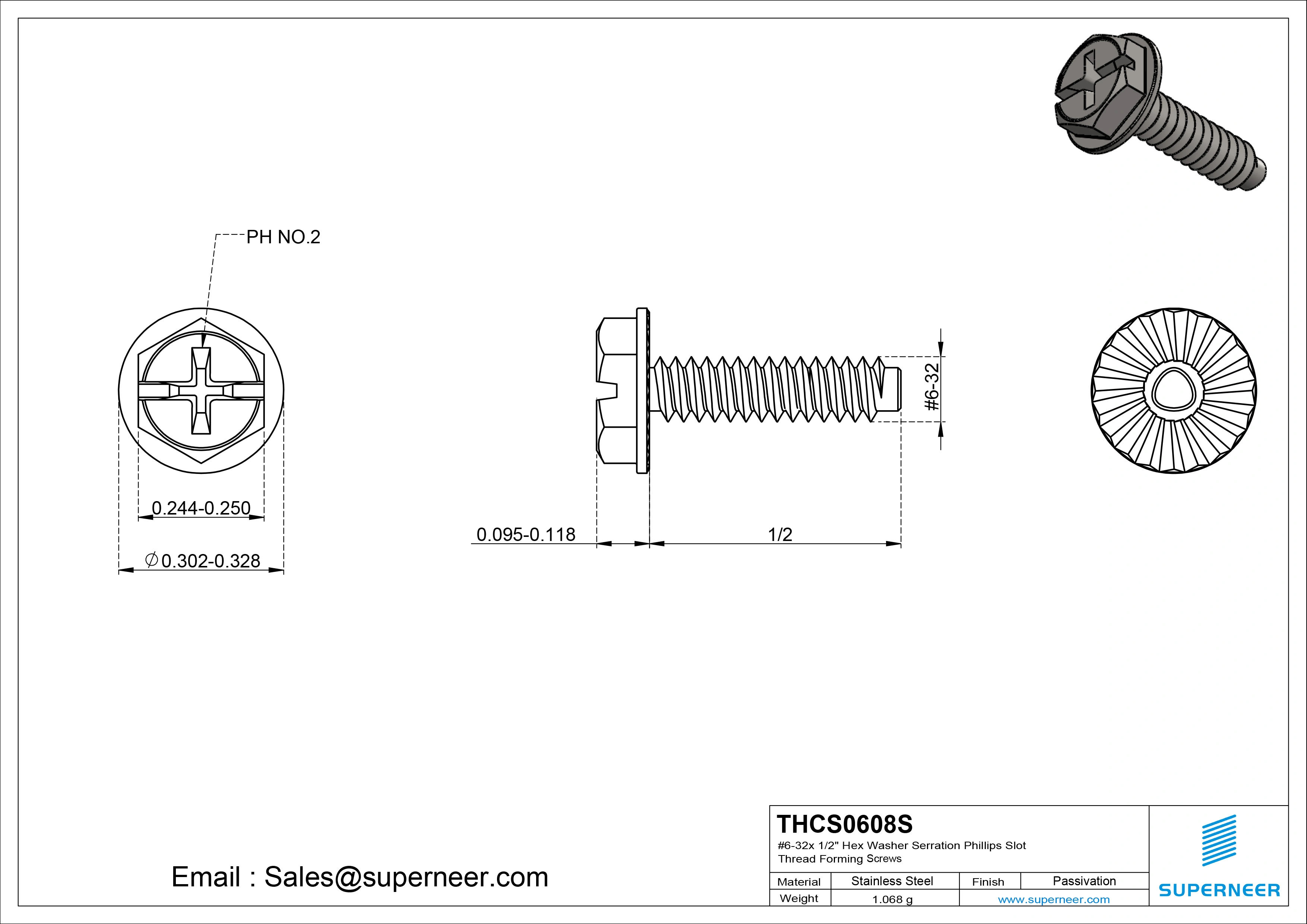 6-32 × 1/2 Hex Washer Serration Phillips Slot Thread Forming  Screws for Metal  SUS304 Stainless Steel Inox