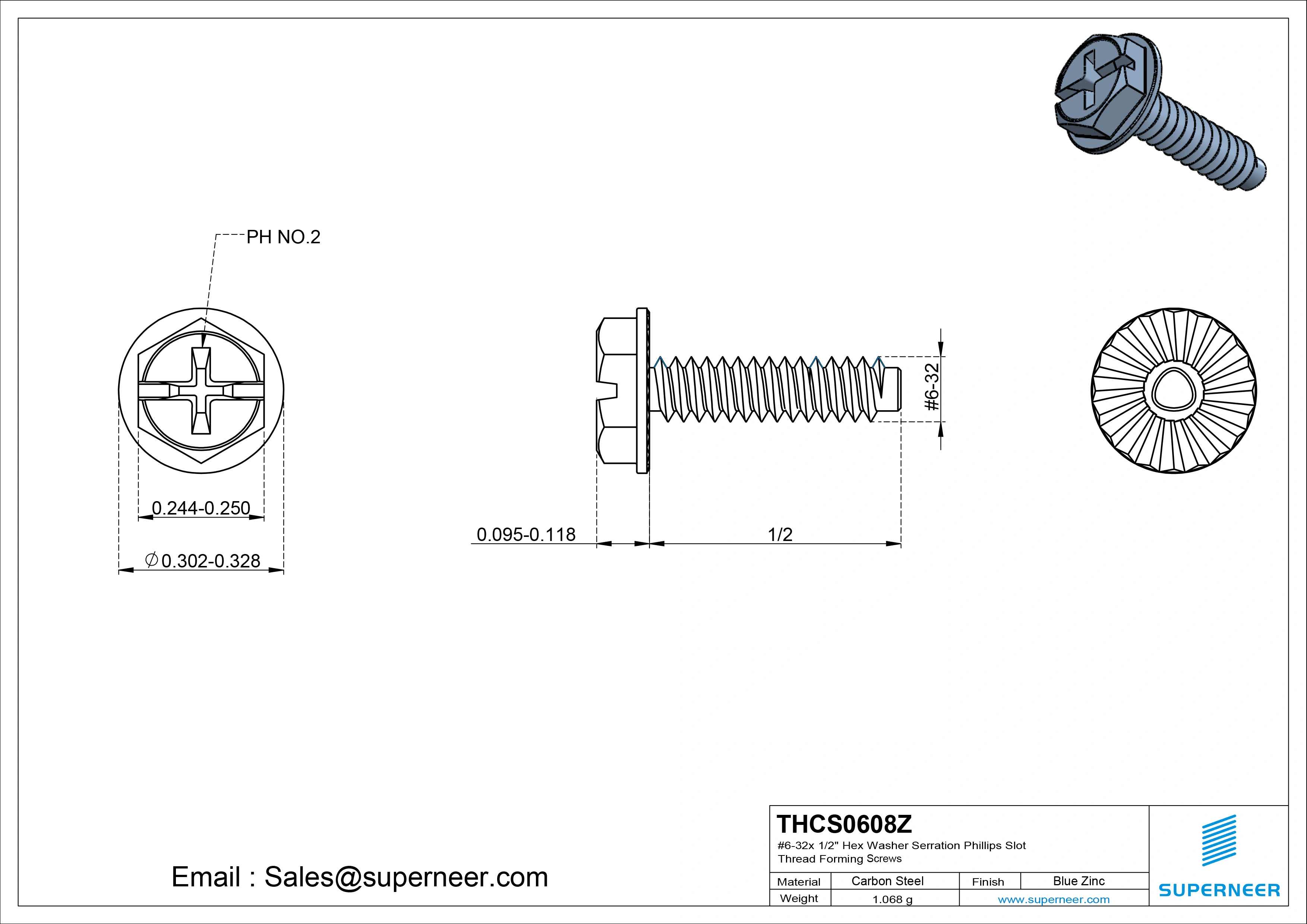 6-32 × 1/2 Hex Washer Serration Phillips Slot Thread Forming  Screws for Metal  Steel Blue Zinc Plated