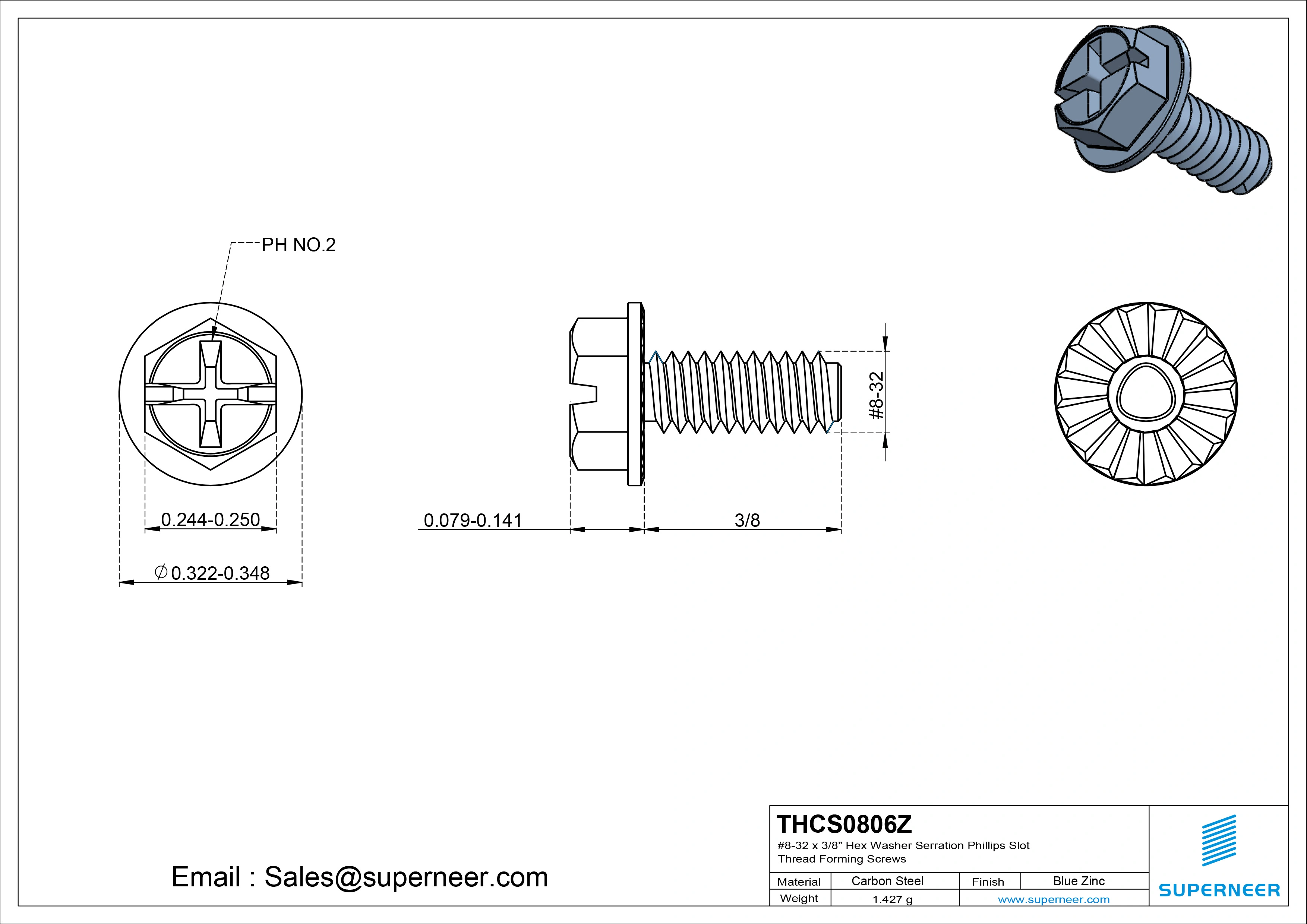 8-32 × 3/8 Hex Washer Serration Phillips Slot Thread Forming  Screws for Metal  Steel Blue Zinc Plated