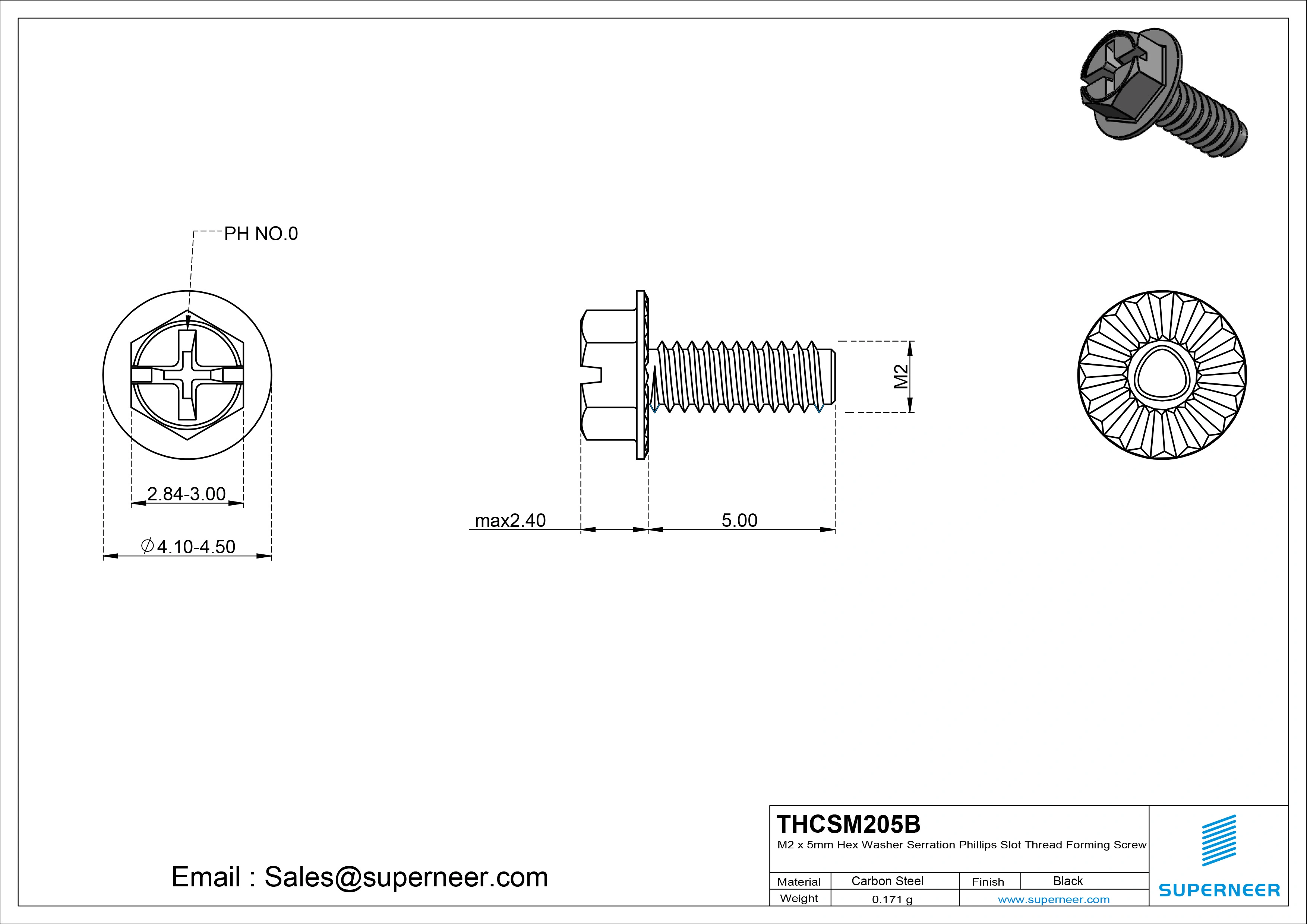 M2 × 5mm Indented Hex Washer Serrattion Phillips Slot Thread Forming Screws for Metal Steel Black