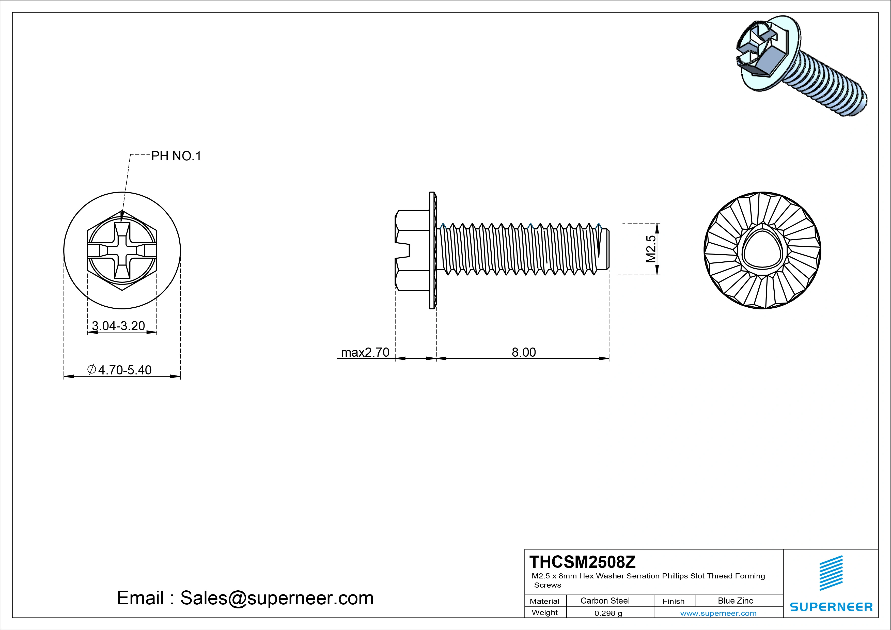 M2.5 × 8mm Indented Hex Washer Serrattion Phillips Slot Thread Forming Screws for Metal Steel Blue Zinc Plated