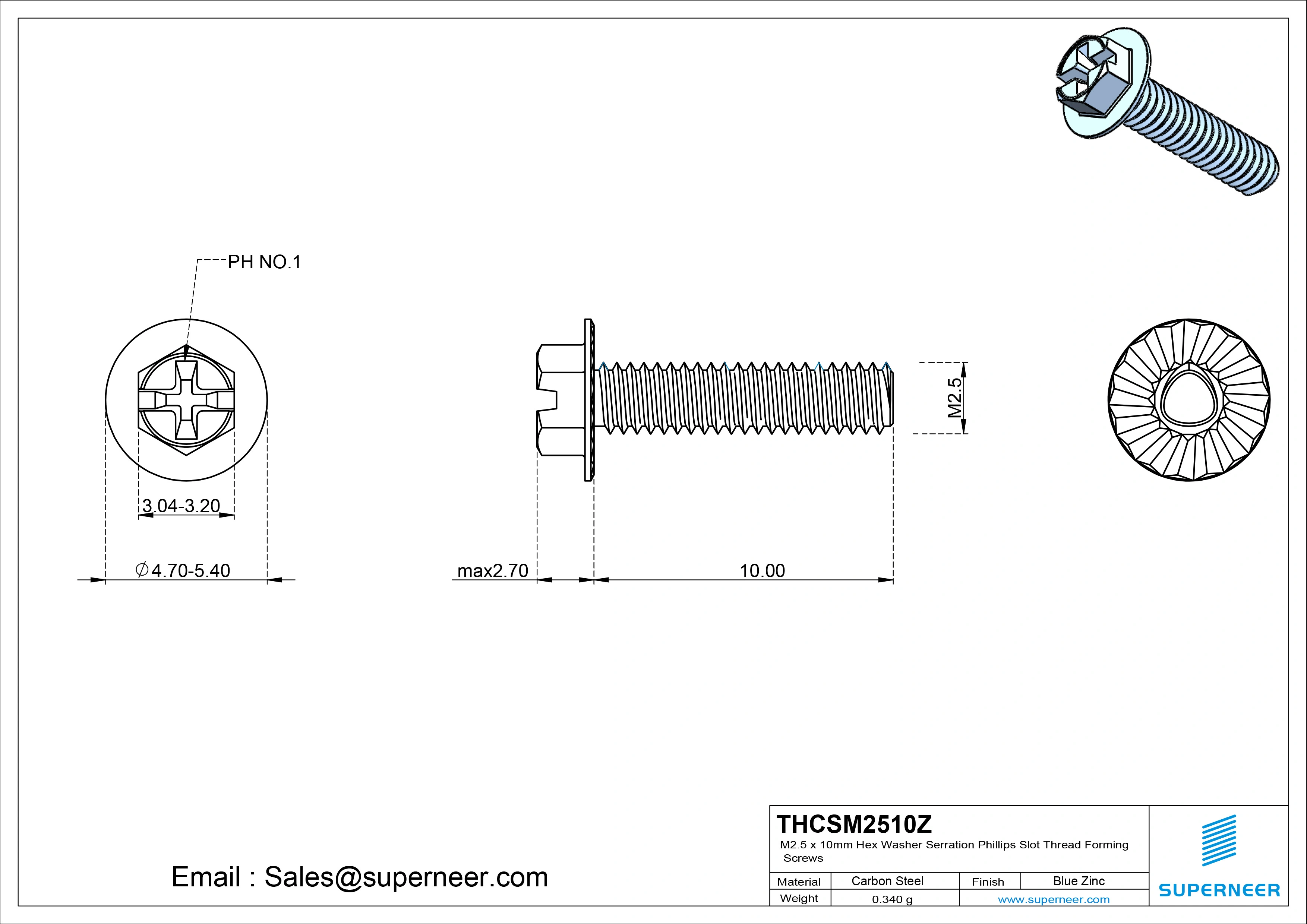 M2.5 × 10mm Indented Hex Washer Serrattion Phillips Slot Thread Forming Screws for Metal Steel Blue Zinc Plated