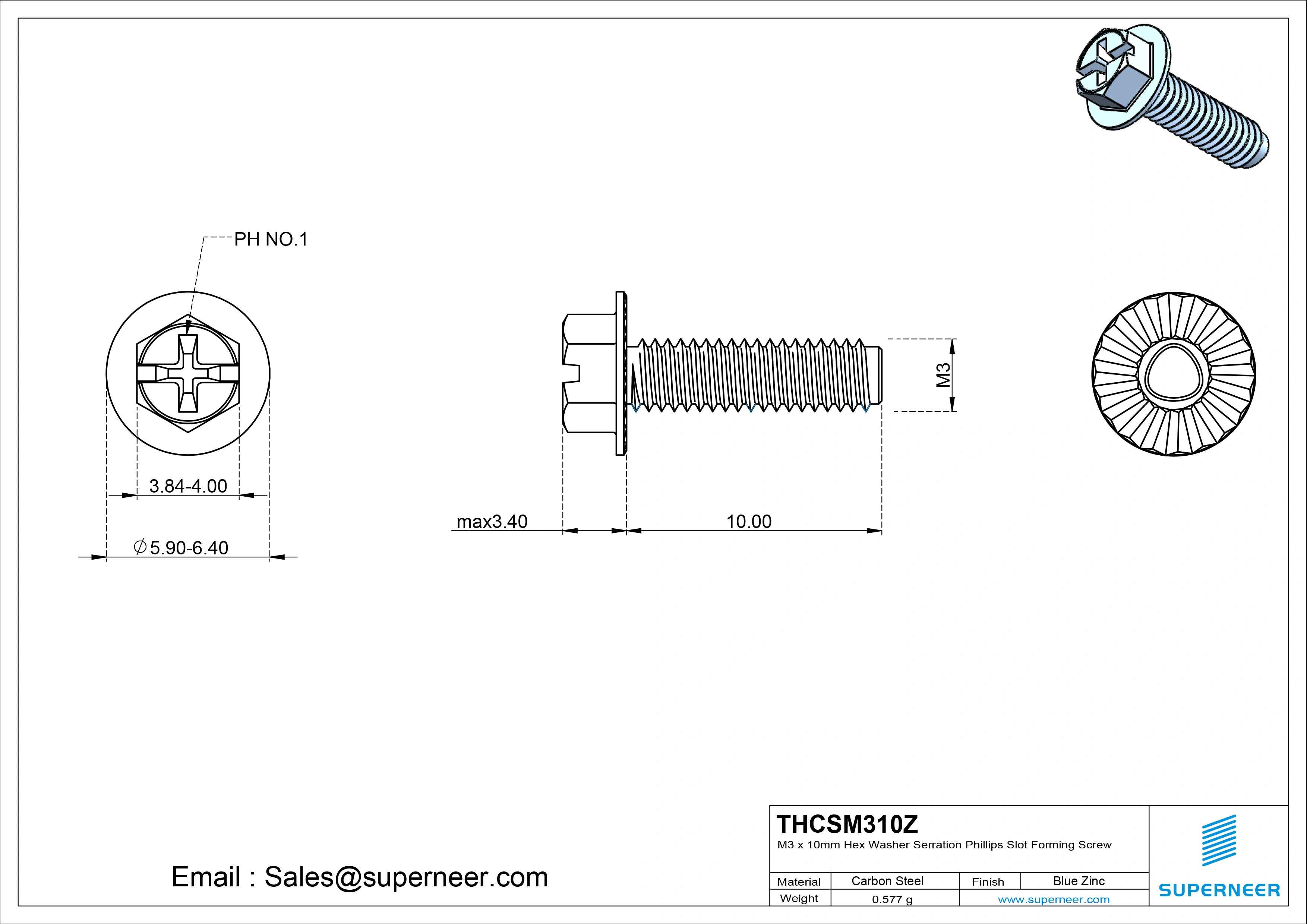 M3 × 10mm Indented Hex Washer Serrattion Phillips Slot Thread Forming Screws for Metal Steel Blue Zinc Plated
