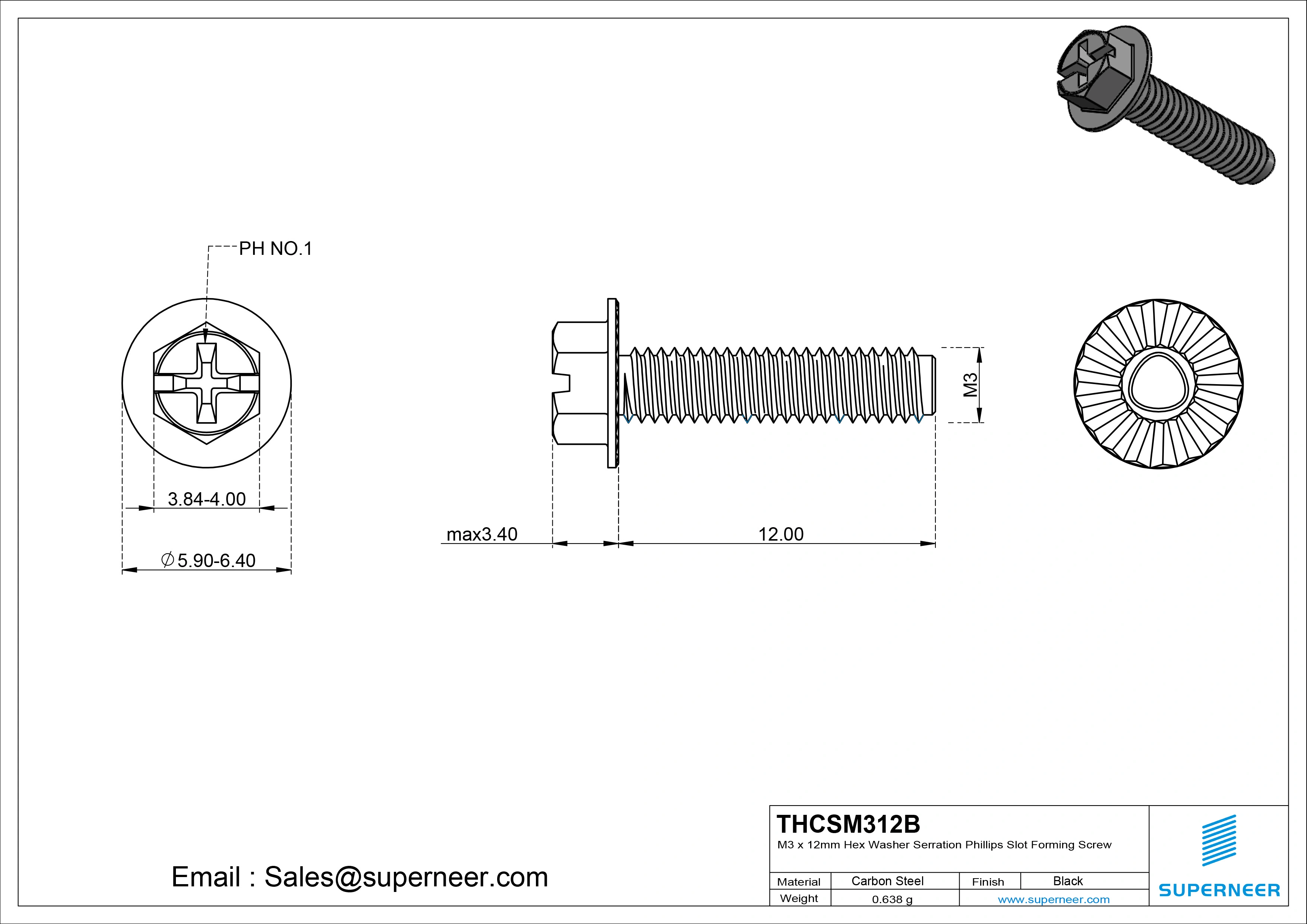 M3 × 12mm Indented Hex Washer Serrattion Phillips Slot Thread Forming Screws for Metal Steel Black