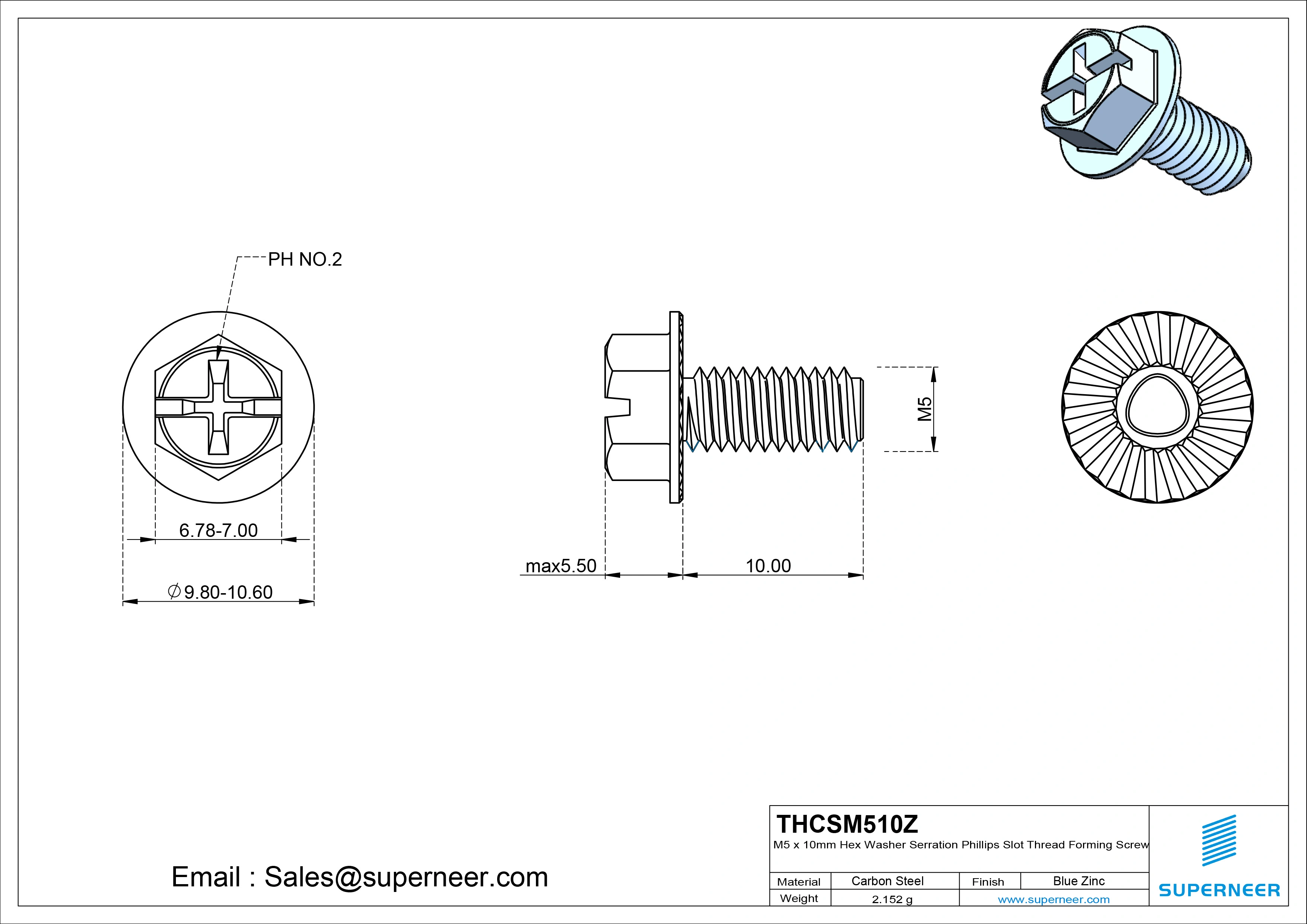 M5 × 10mm Indented Hex Washer Serrattion Phillips Slot Thread Forming Screws for Metal Steel Blue Zinc Plated