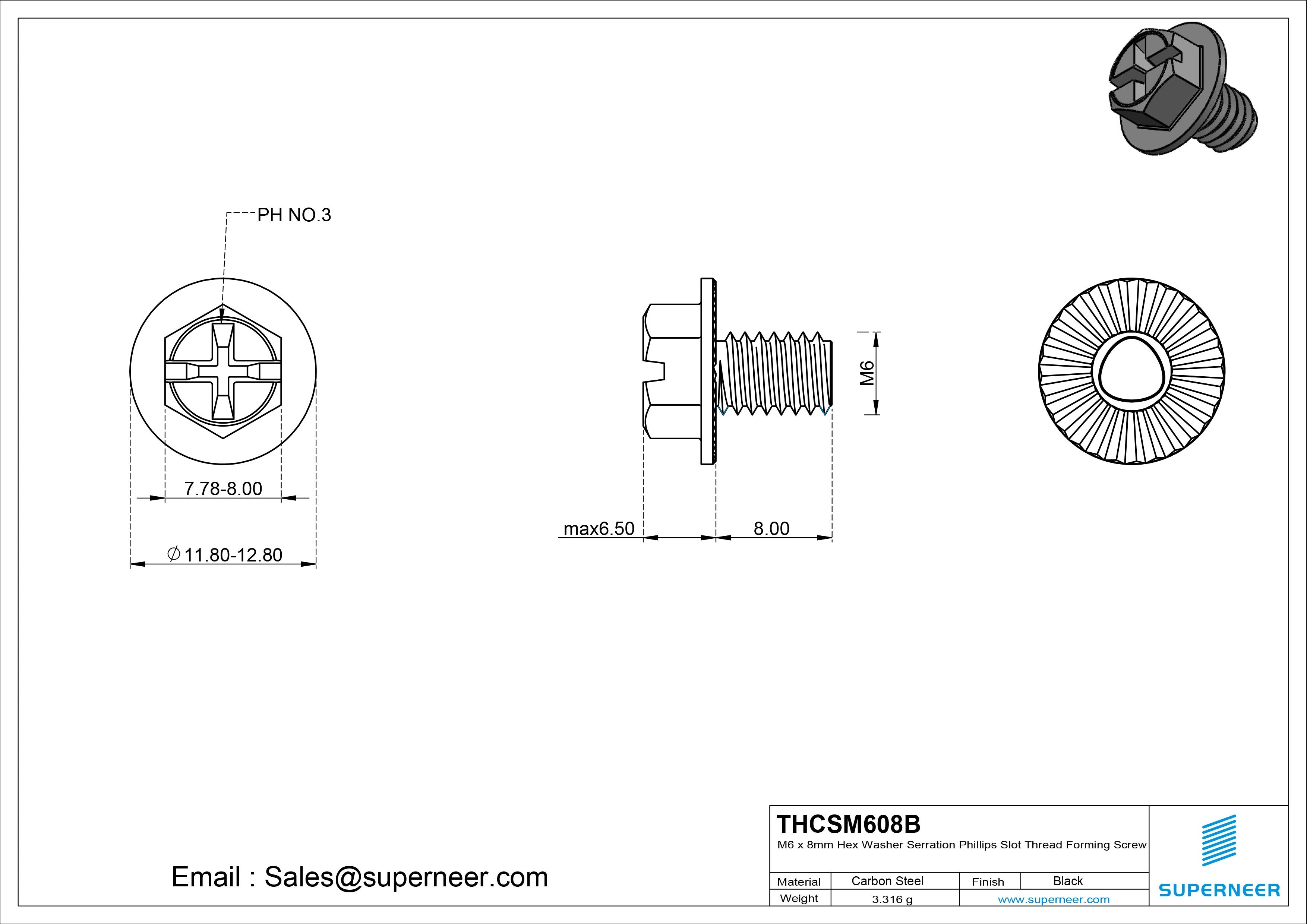 M6 × 8mm Indented Hex Washer Serrattion Phillips Slot Thread Forming Screws for Metal Steel Black