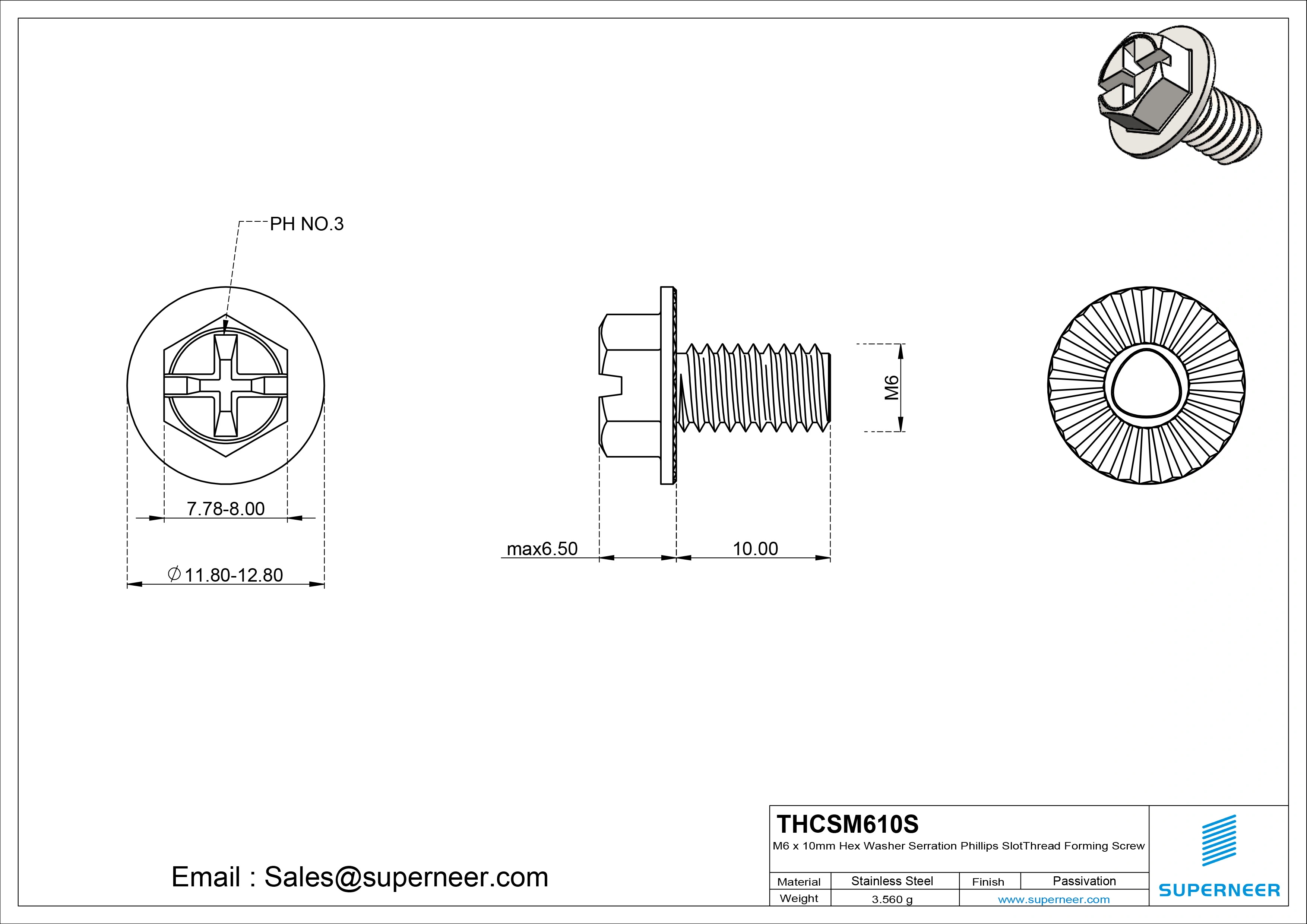 M6 × 10mm Indented Hex Washer Serrattion Phillips Slot Thread Forming Screws for Metal SUS304 Stainless Steel Inox