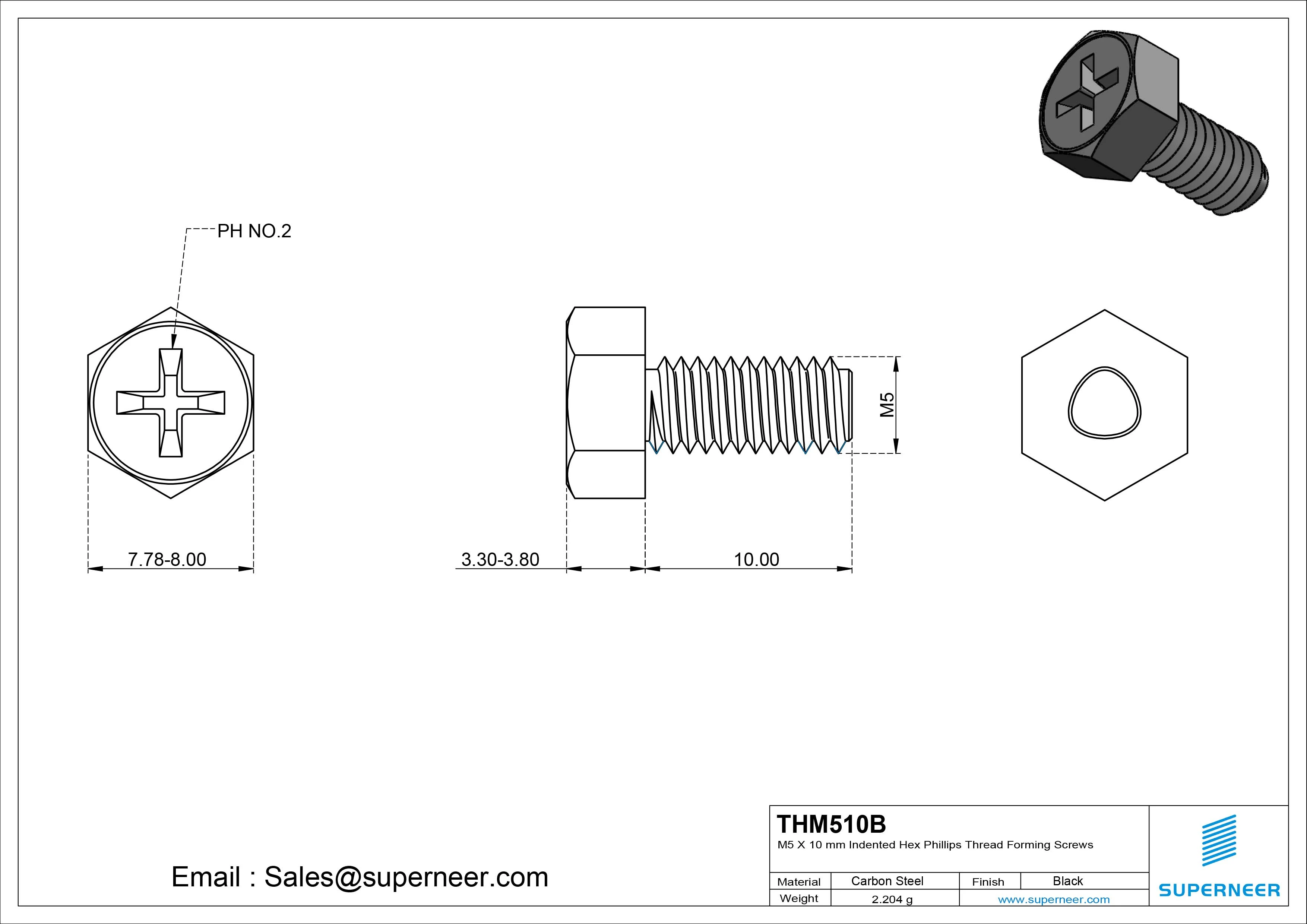 M5 × 10mm Indented Hex Phillips Thread Forming Screws for Metal Steel Black