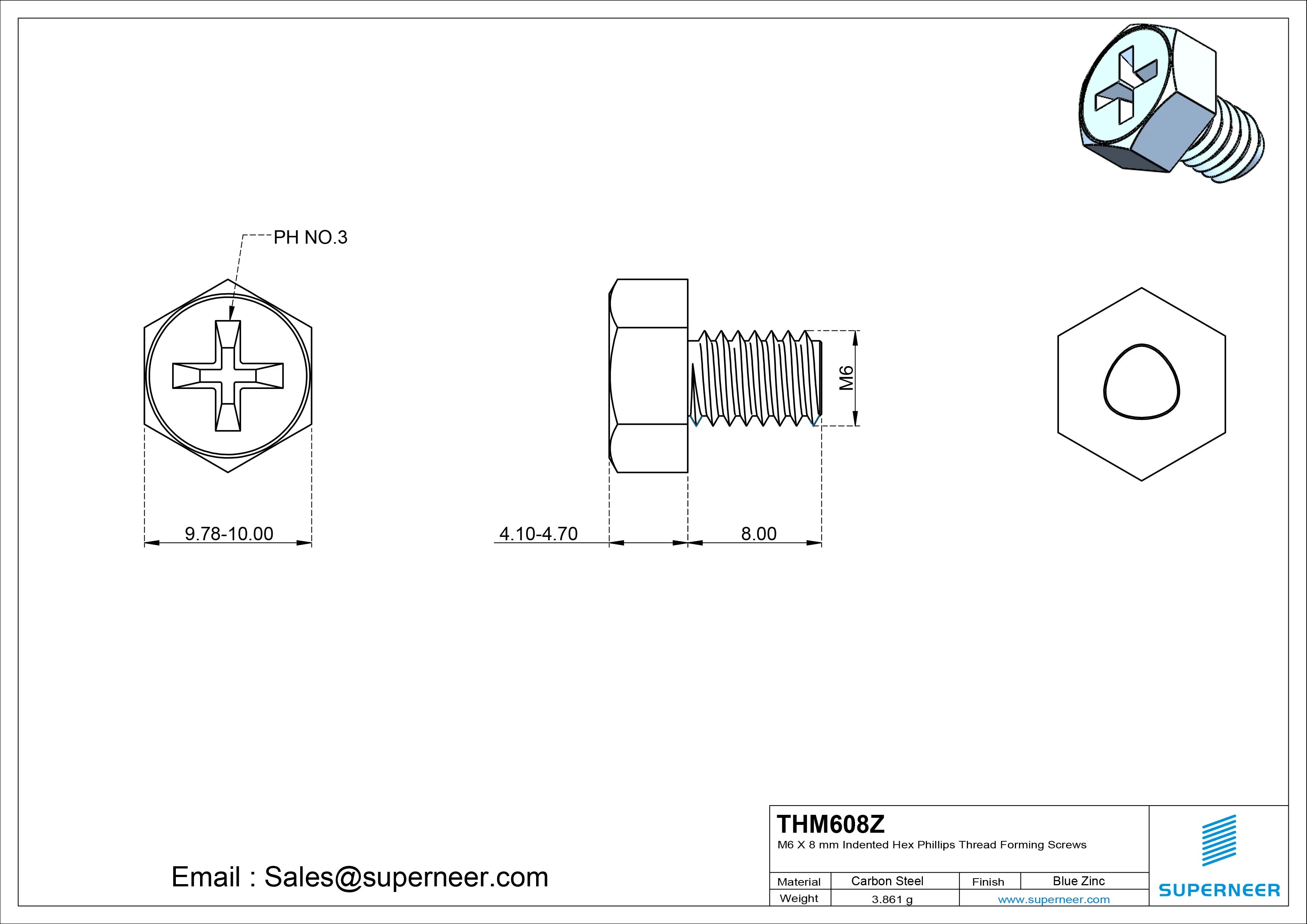 M6 × 8mm Indented Hex Phillips Thread Forming Screws for Metal Steel Blue Zinc Plated