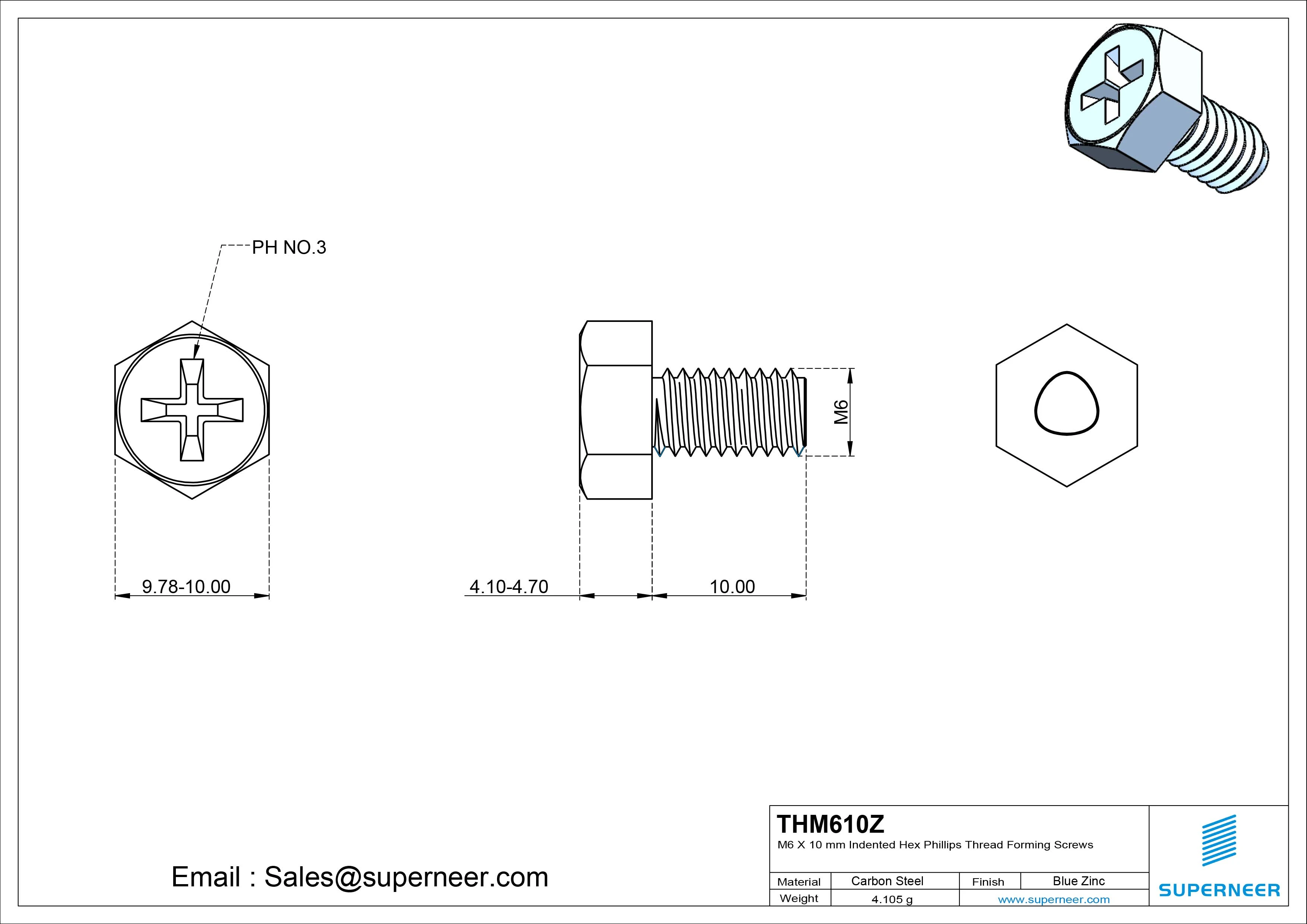 M6 × 10mm Indented Hex Phillips Thread Forming Screws for Metal Steel Blue Zinc Plated